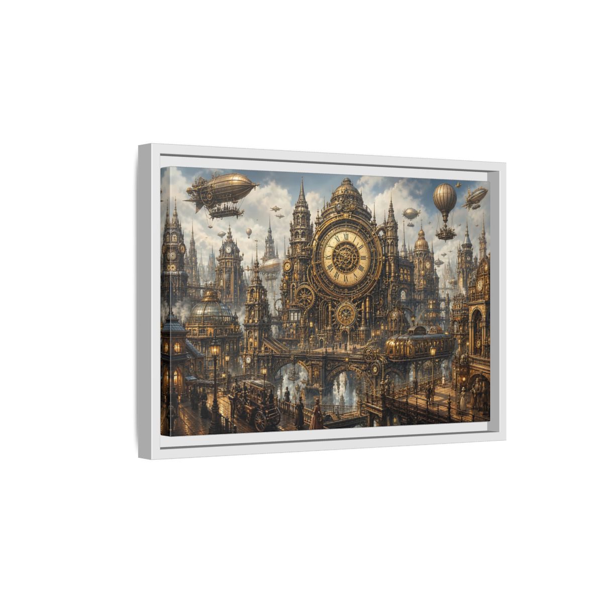 Side Mockup 4. Science Fiction Steampunk City Golden Steampunk Cityscape shown as stretched canvas wall art