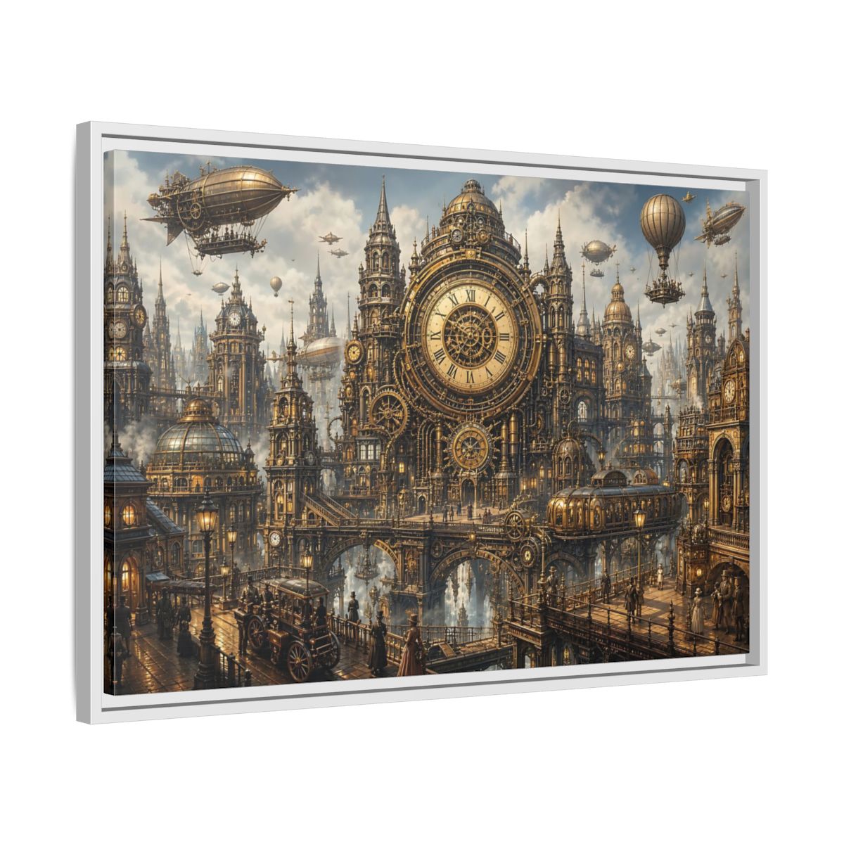 Side Mockup 10. Science Fiction Steampunk City Golden Steampunk Cityscape shown as stretched canvas wall art