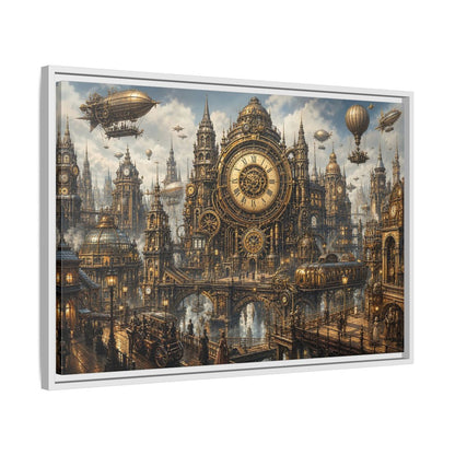 Side Mockup 10. Science Fiction Steampunk City Golden Steampunk Cityscape shown as stretched canvas wall art