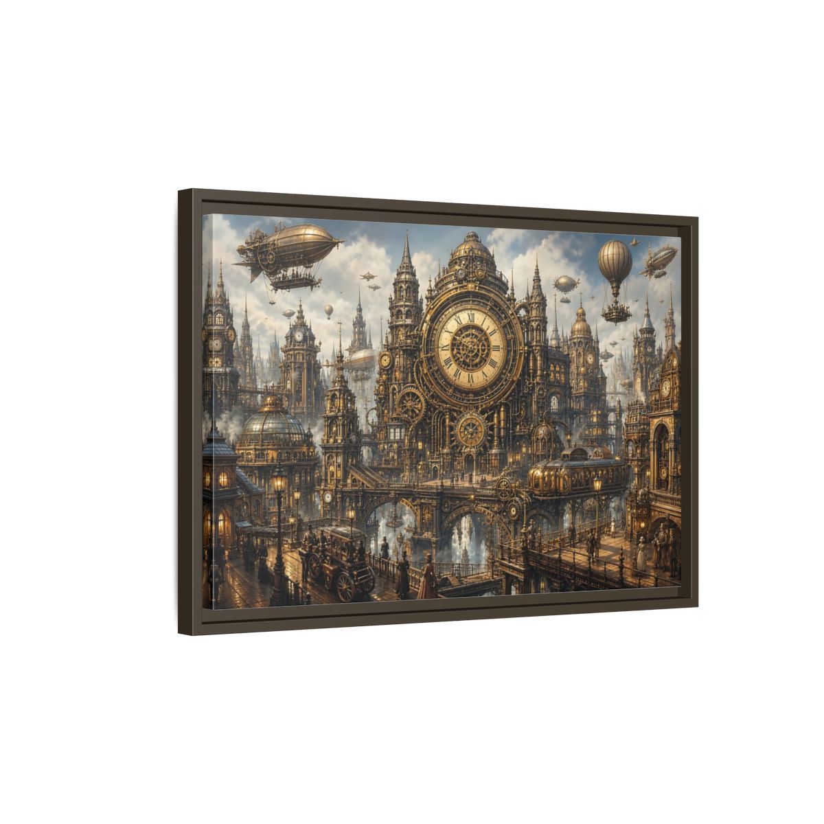 Side Mockup 2. Science Fiction Steampunk City Golden Steampunk Cityscape shown as stretched canvas wall art