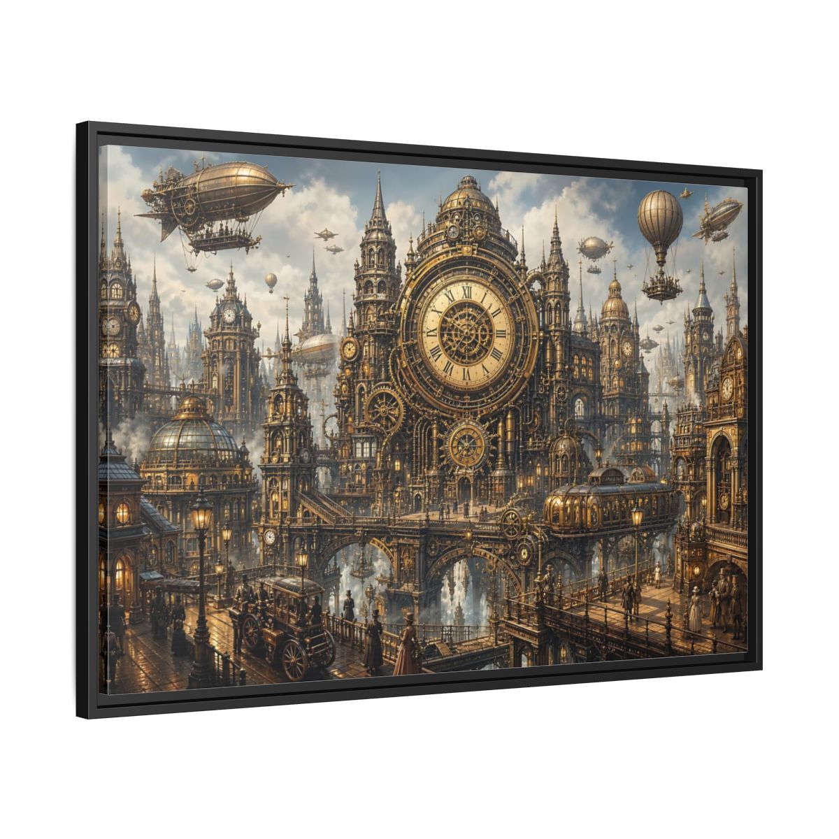 Side Mockup 13. Science Fiction Steampunk City Golden Steampunk Cityscape shown as stretched canvas wall art