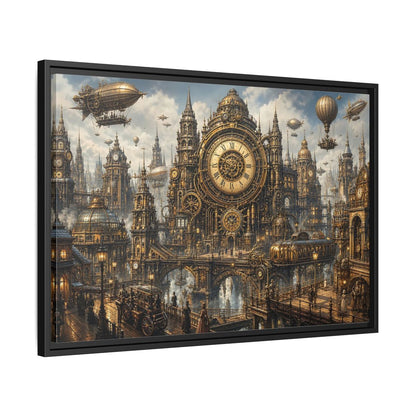 Side Mockup 14. Science Fiction Steampunk City Golden Steampunk Cityscape shown as stretched canvas wall art