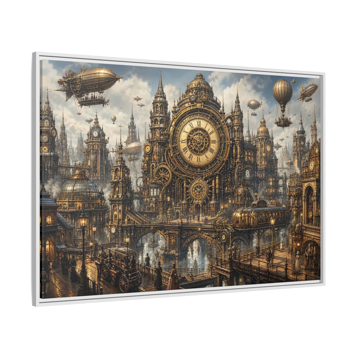 Side Mockup 7. Science Fiction Steampunk City Golden Steampunk Cityscape shown as stretched canvas wall art