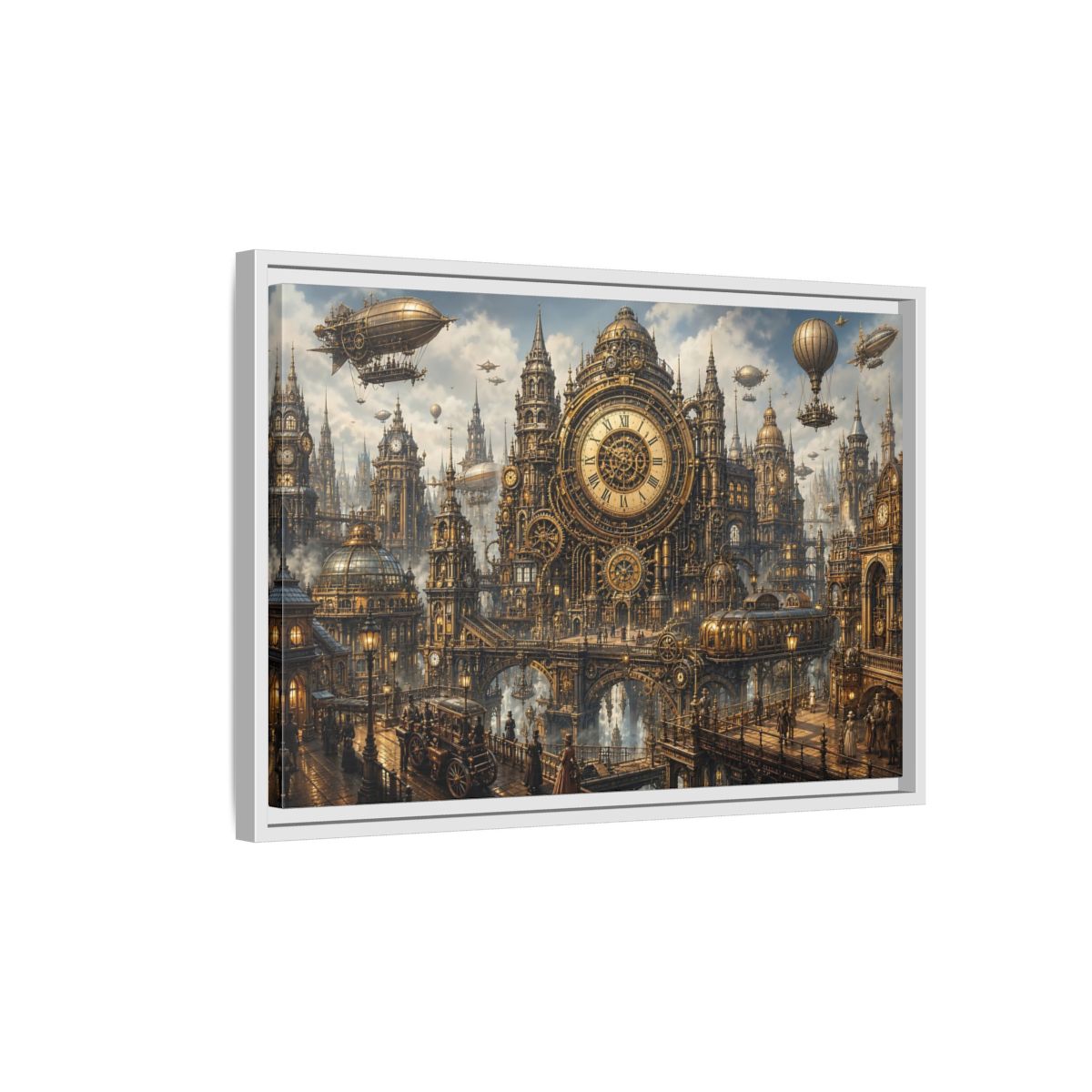 Side Mockup 1. Science Fiction Steampunk City Golden Steampunk Cityscape shown as stretched canvas wall art