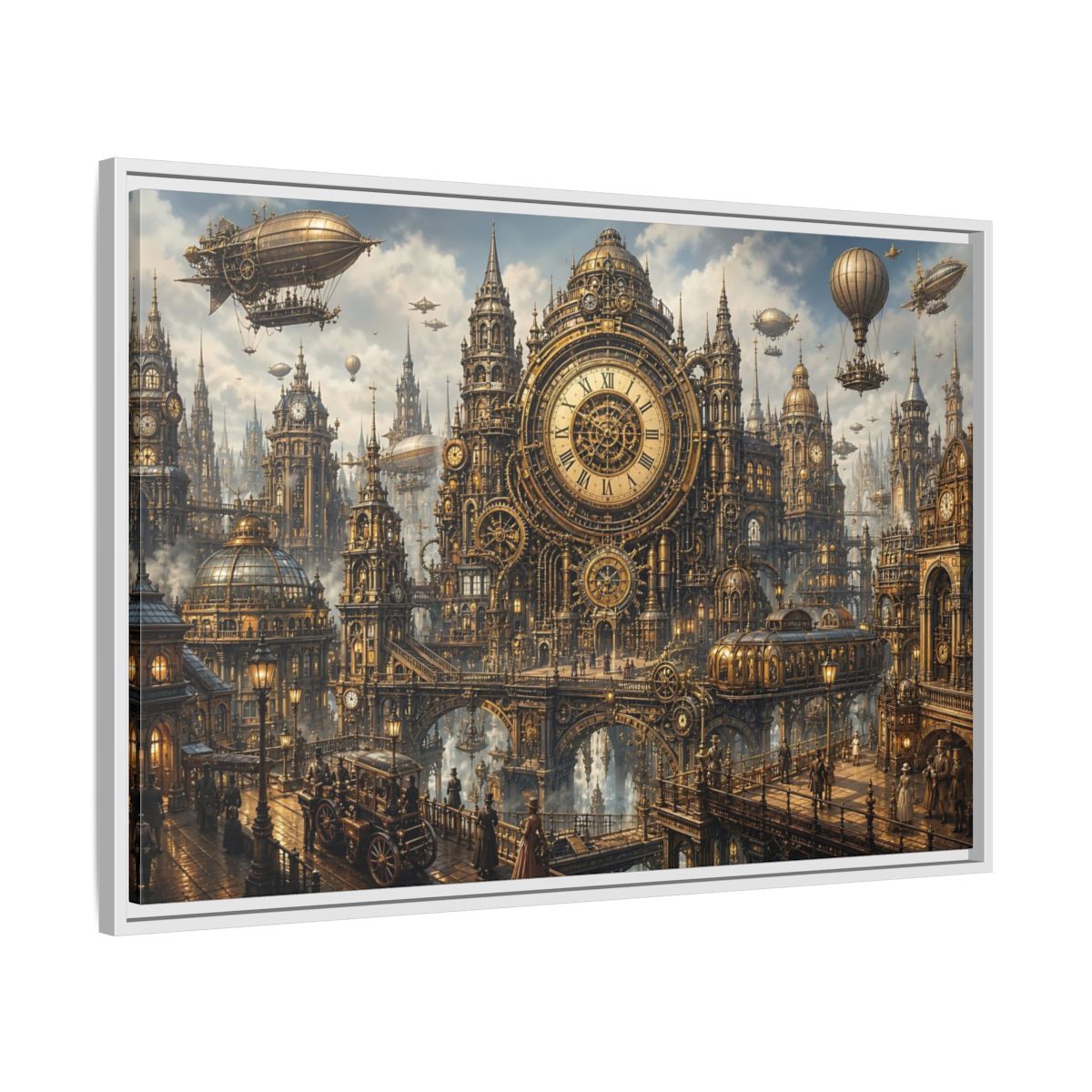 Side Mockup 9. Science Fiction Steampunk City Golden Steampunk Cityscape shown as stretched canvas wall art