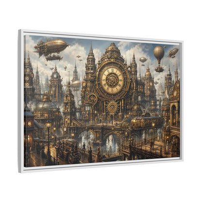 Side Mockup 9. Science Fiction Steampunk City Golden Steampunk Cityscape shown as stretched canvas wall art
