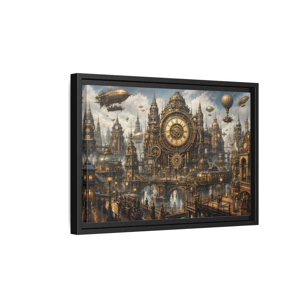 Side Mockup 6. Science Fiction Steampunk City Golden Steampunk Cityscape shown as stretched canvas wall art