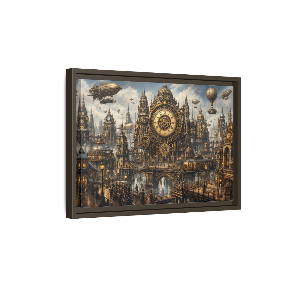 Side Mockup 5. Science Fiction Steampunk City Golden Steampunk Cityscape shown as stretched canvas wall art