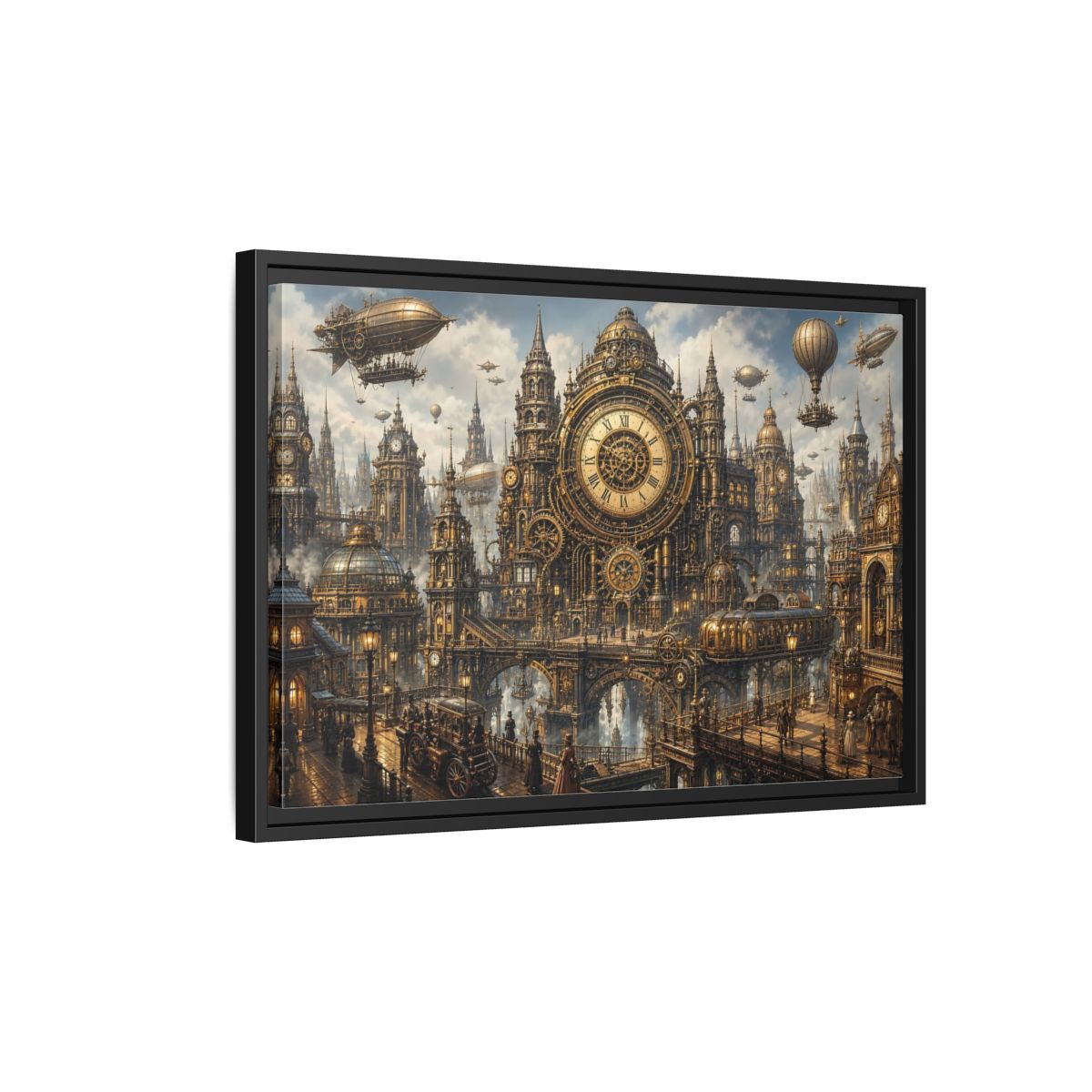 Side Mockup 3. Science Fiction Steampunk City Golden Steampunk Cityscape shown as stretched canvas wall art