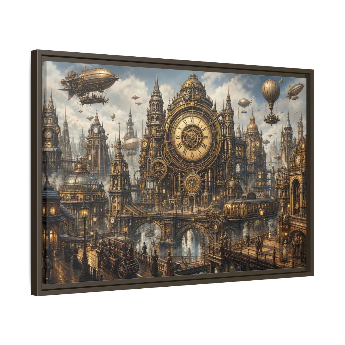 Side Mockup 11. Science Fiction Steampunk City Golden Steampunk Cityscape shown as stretched canvas wall art
