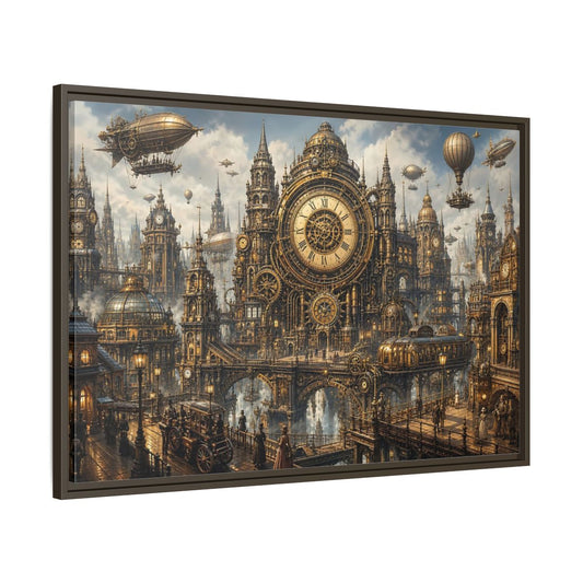 Main Mockup. Science Fiction Steampunk City Golden Steampunk Cityscape shown as stretched canvas wall art