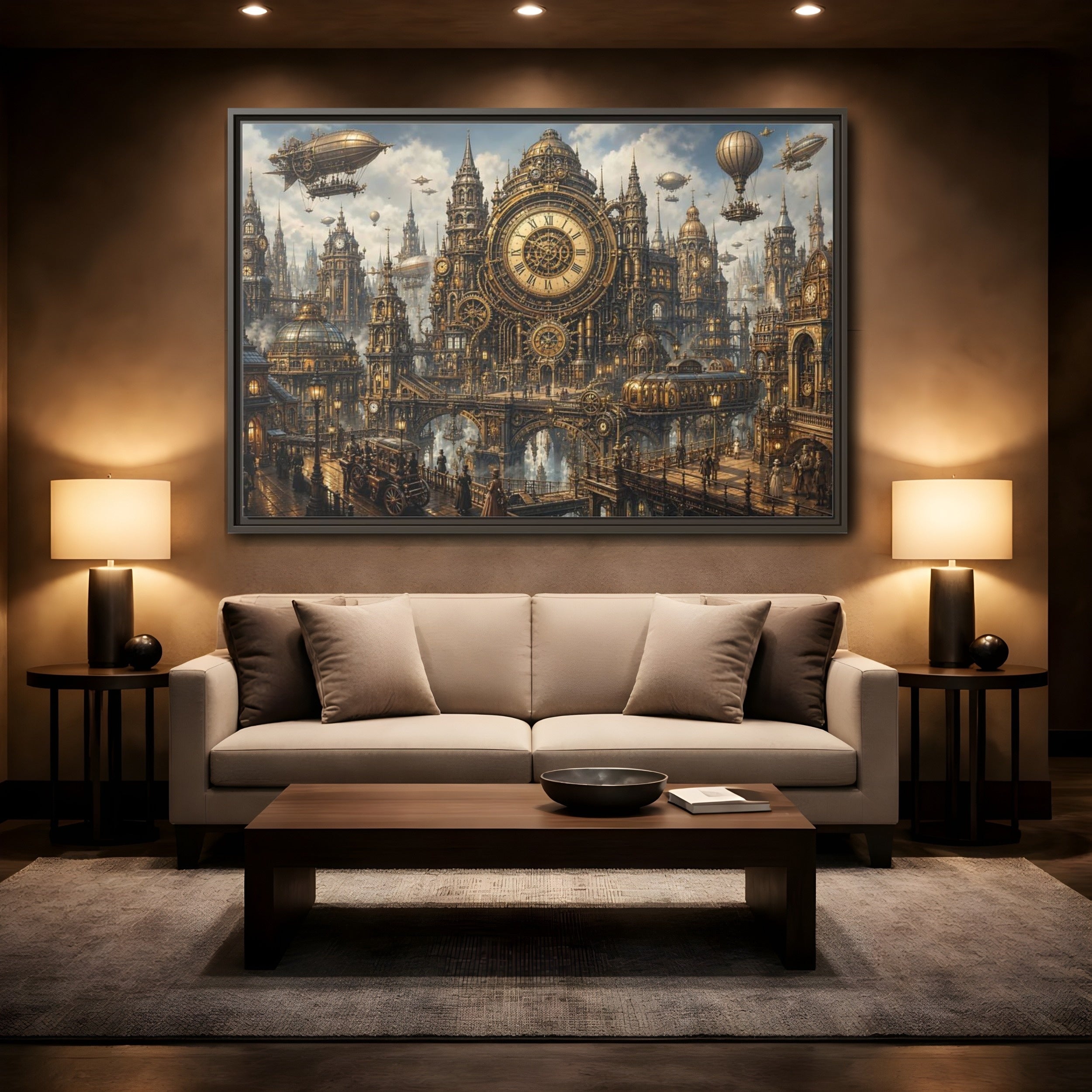 Mockup 2. Science Fiction Steampunk City Golden Steampunk Cityscape shown as stretched canvas wall art