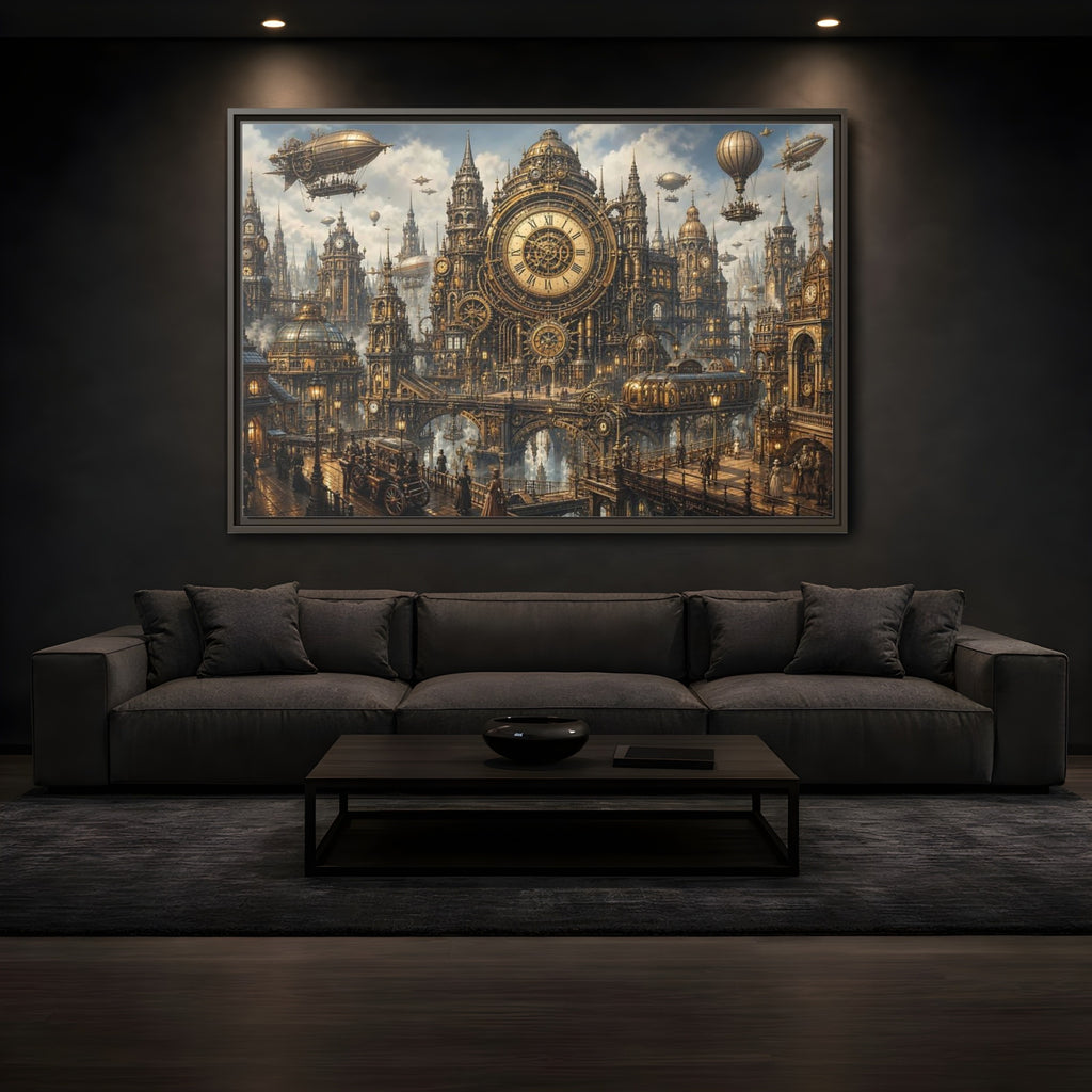 Mockup 3. Science Fiction Steampunk City Golden Steampunk Cityscape shown as stretched canvas wall art
