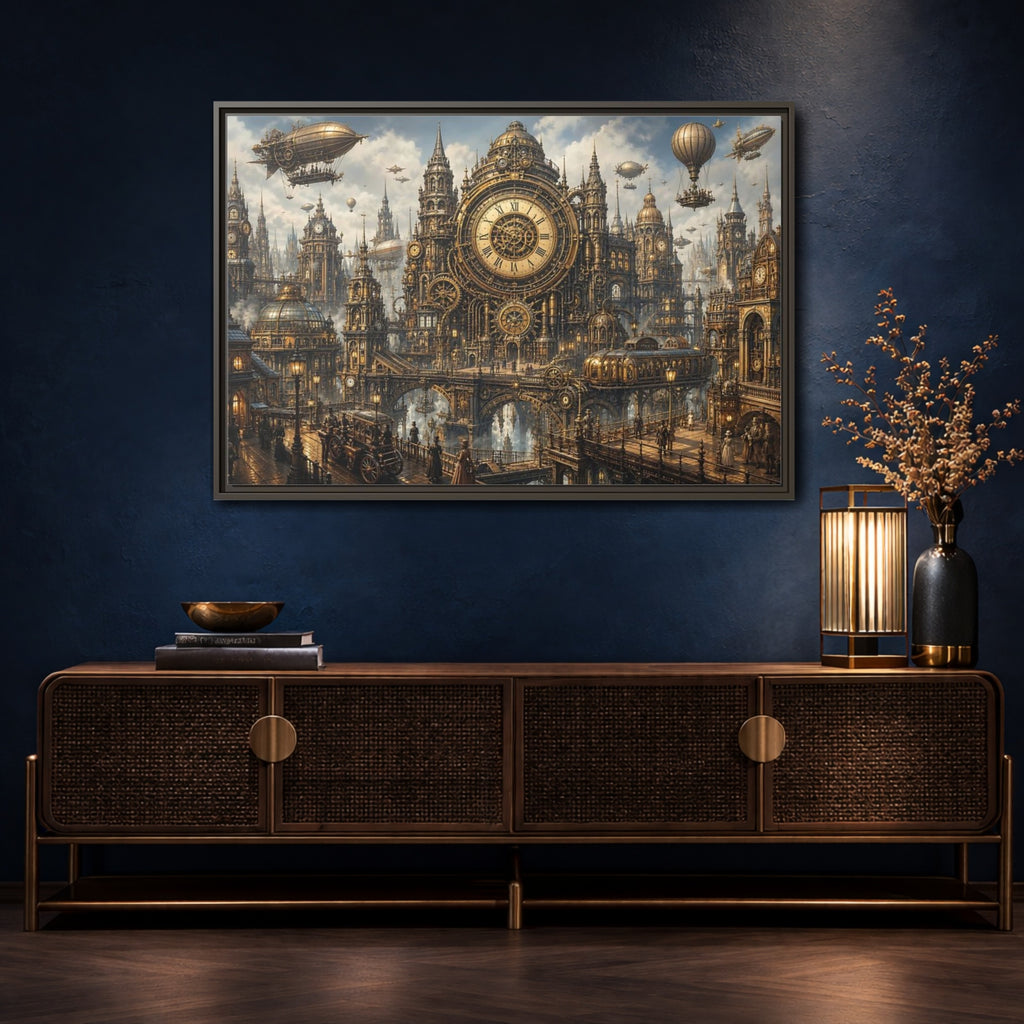 Mockup 4. Science Fiction Steampunk City Golden Steampunk Cityscape shown as stretched canvas wall art