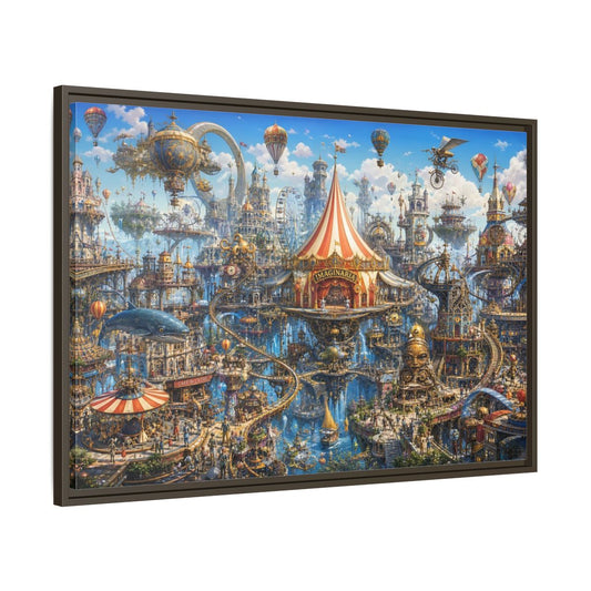 Main Mockup. Science Fiction Steampunk City Steampunk Cityscape shown as stretched canvas wall art