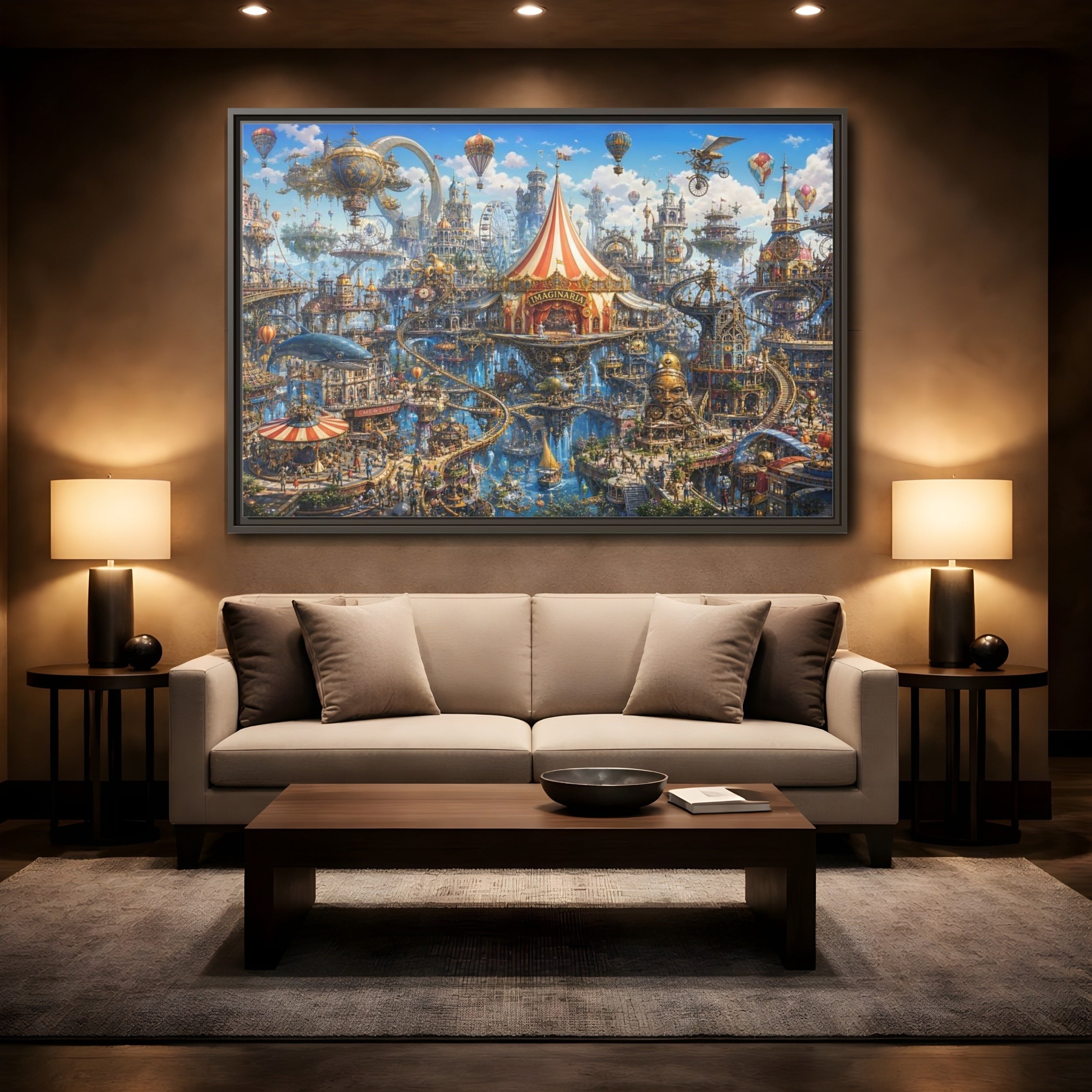 Mockup 2. Science Fiction Steampunk City Steampunk Cityscape shown as stretched canvas wall art