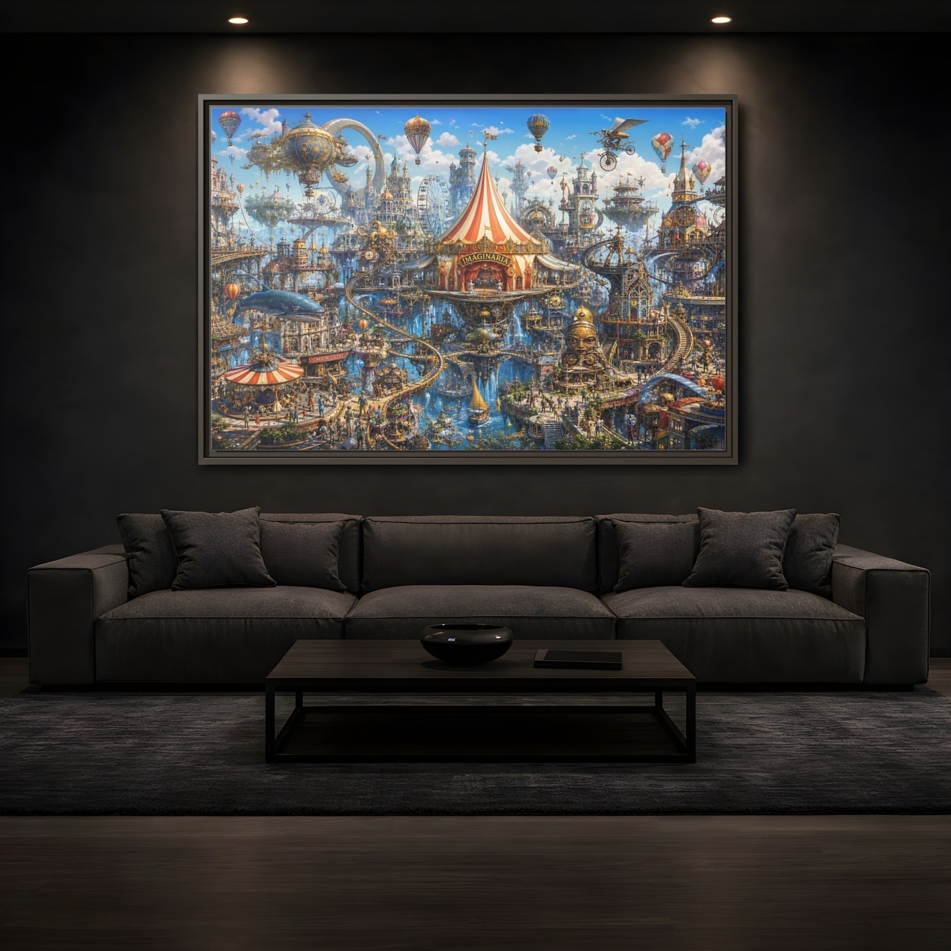 Mockup 3. Science Fiction Steampunk City Steampunk Cityscape shown as stretched canvas wall art