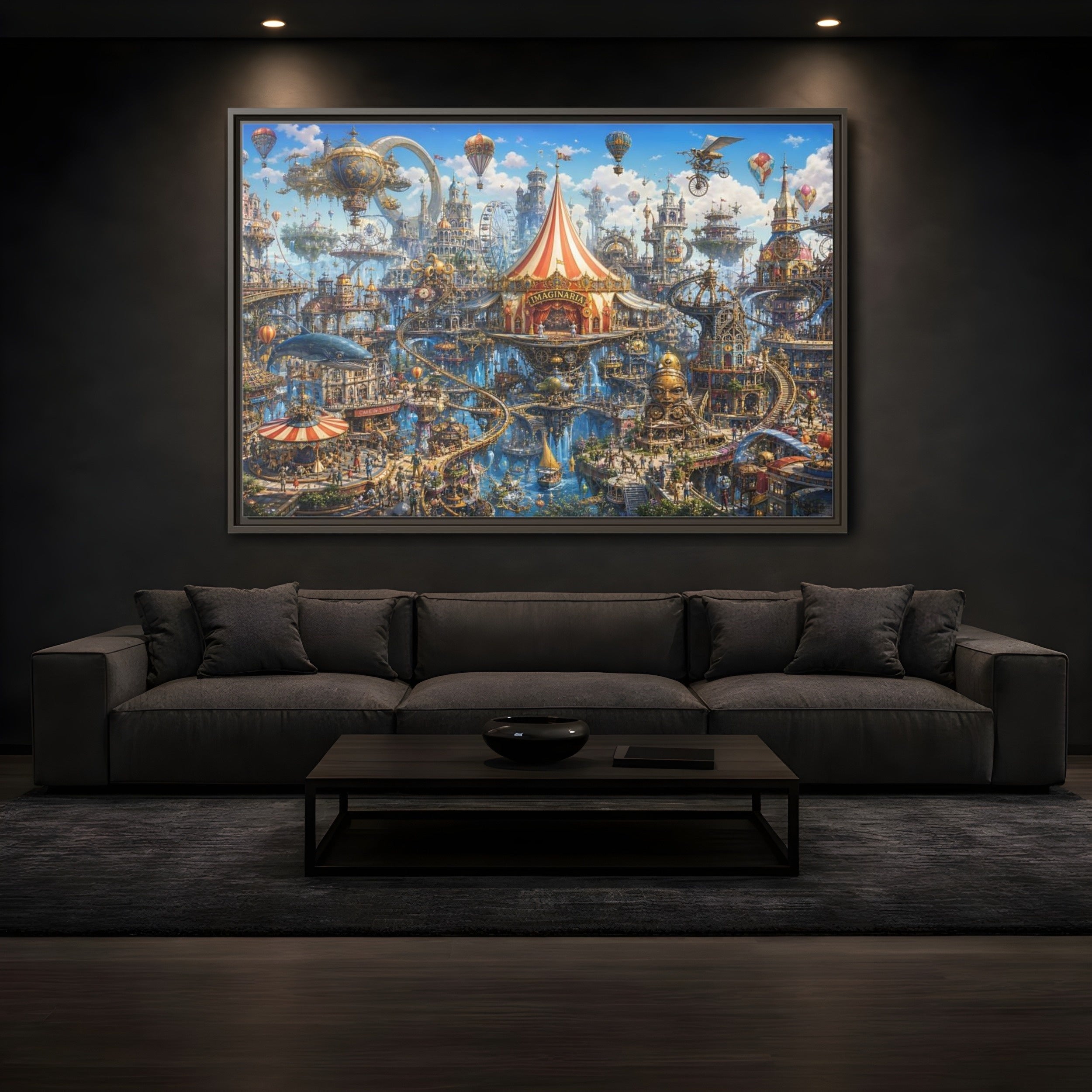 Mockup 3. Science Fiction Steampunk City Steampunk Cityscape shown as stretched canvas wall art