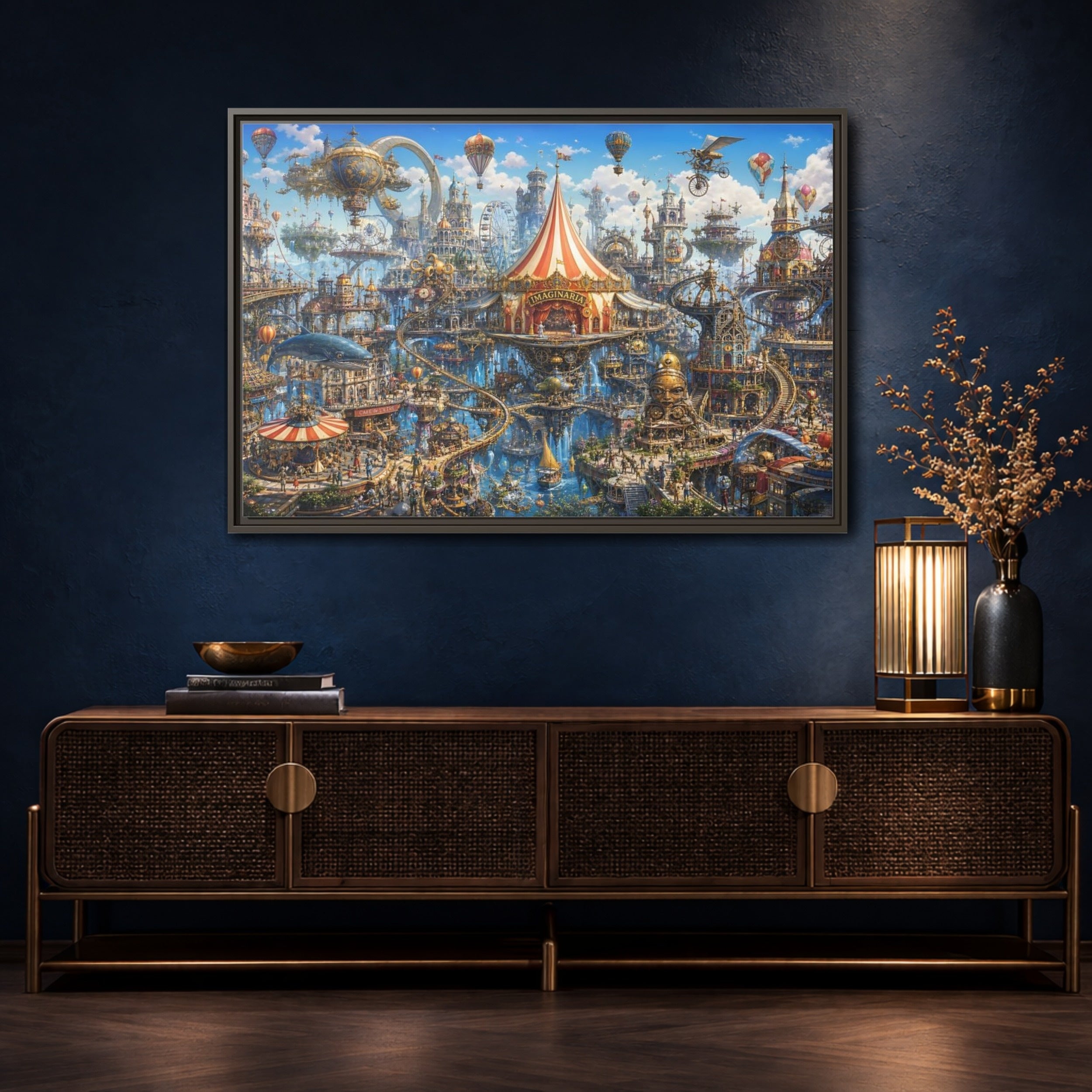 Mockup 4. Science Fiction Steampunk City Steampunk Cityscape shown as stretched canvas wall art