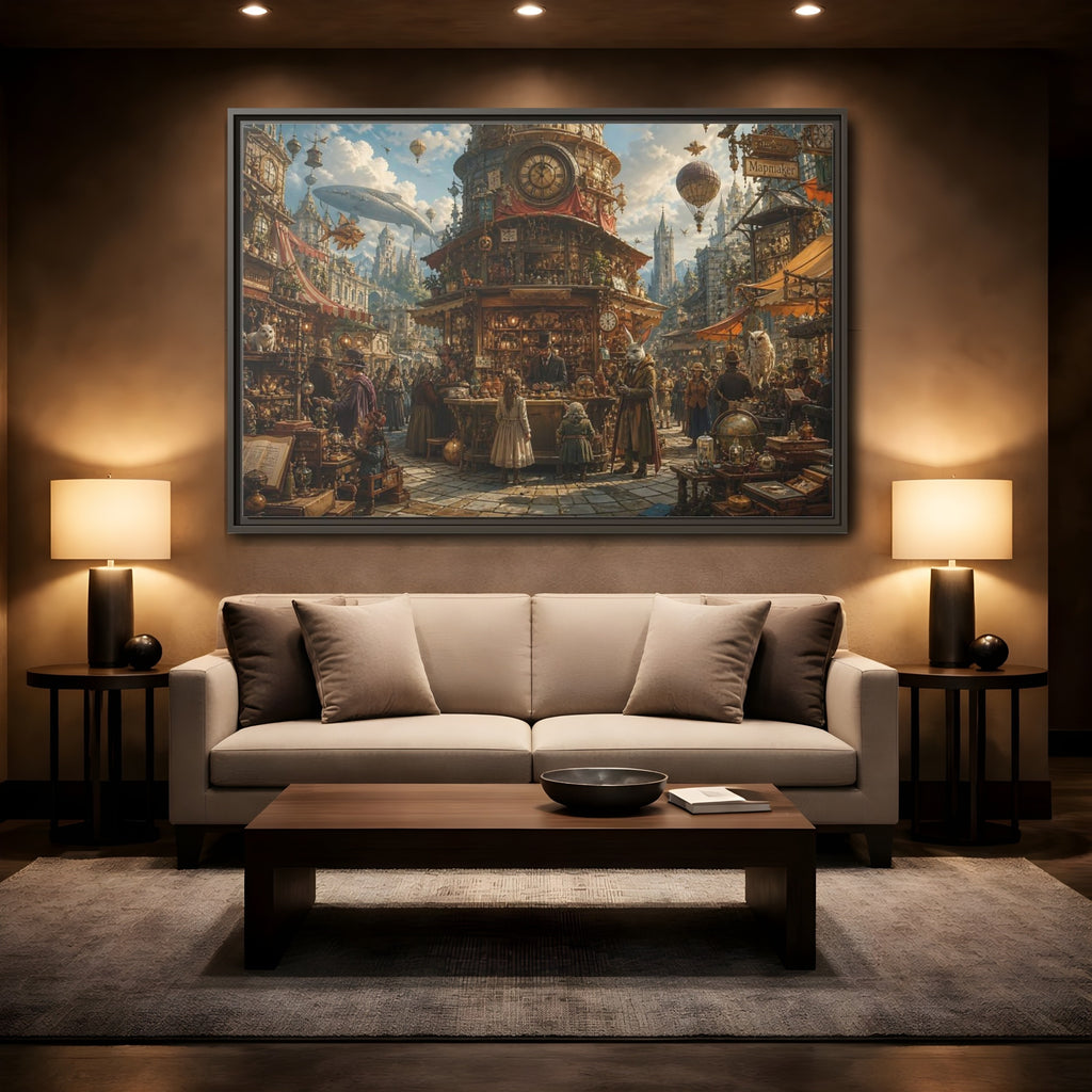 Mockup 2. Science Fiction Steampunk Market Steampunk Market shown as stretched canvas wall art