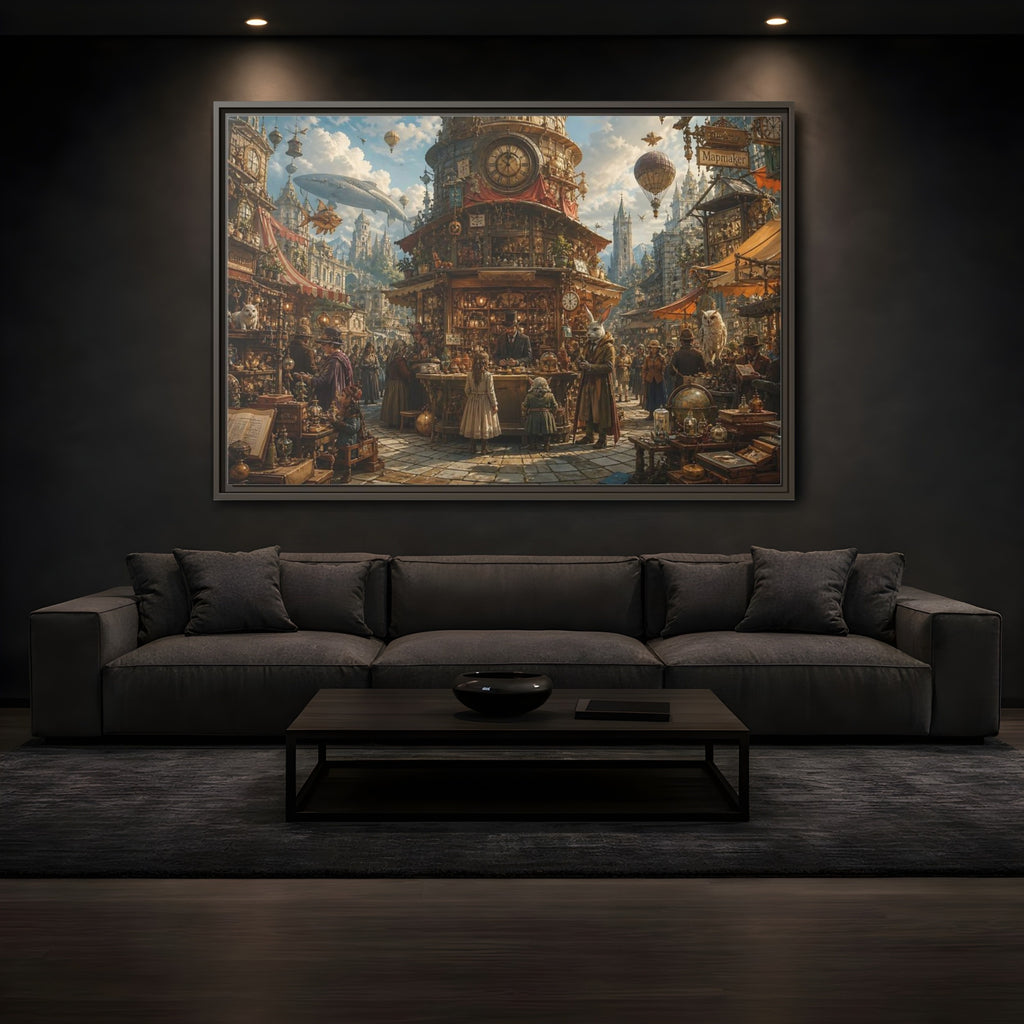 Mockup 3. Science Fiction Steampunk Market Steampunk Market shown as stretched canvas wall art