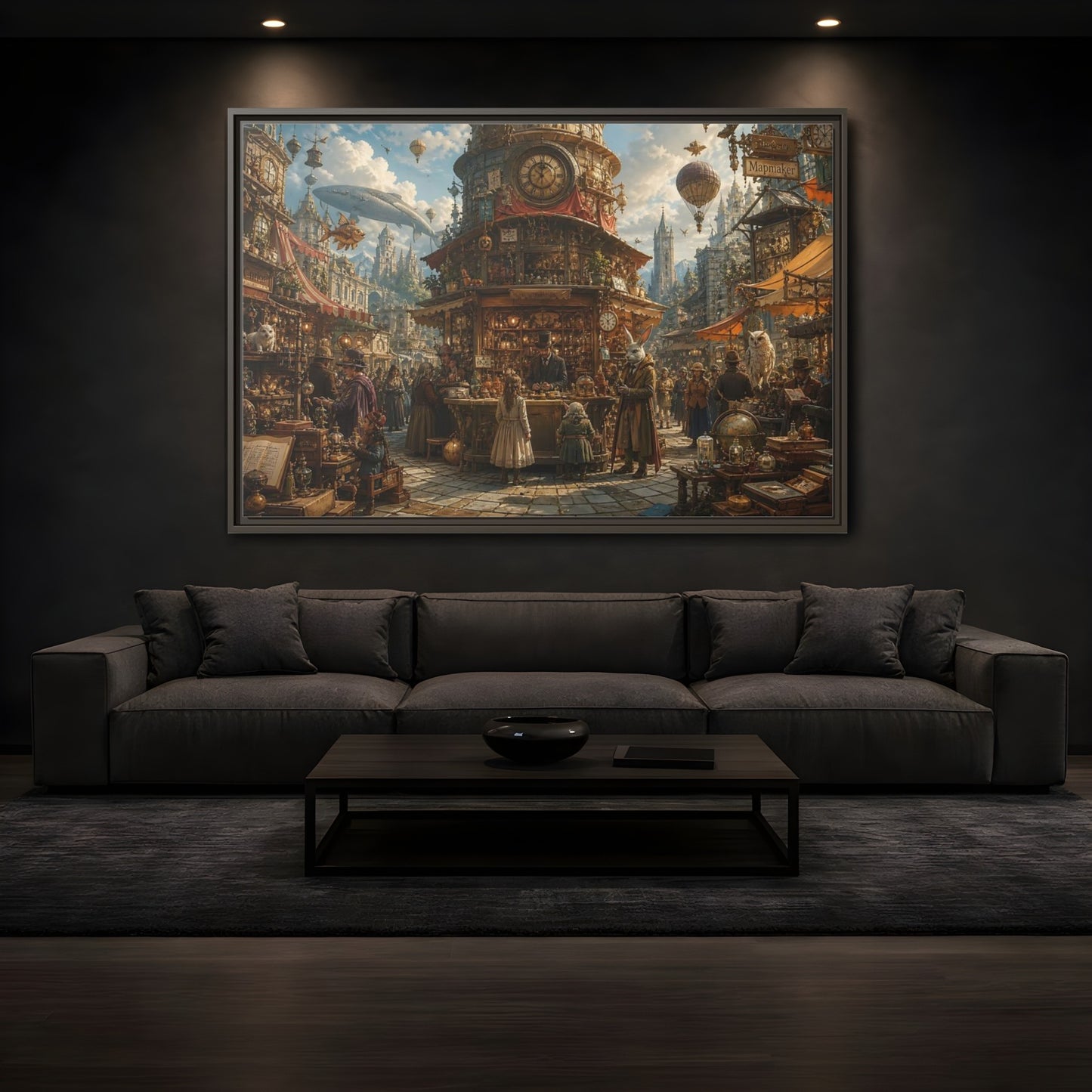 Mockup 3. Science Fiction Steampunk Market Steampunk Market shown as stretched canvas wall art