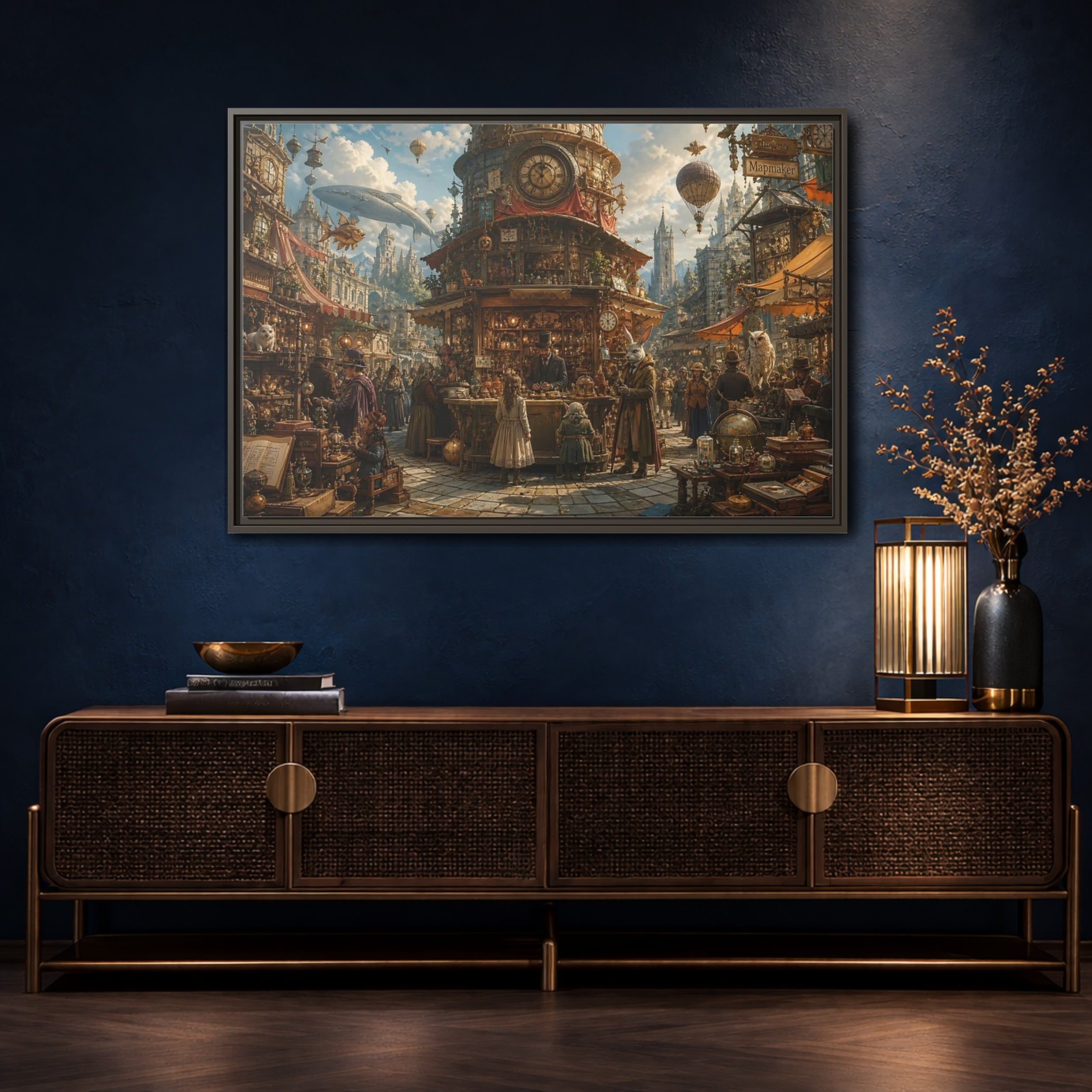 Mockup 4. Science Fiction Steampunk Market Steampunk Market shown as stretched canvas wall art