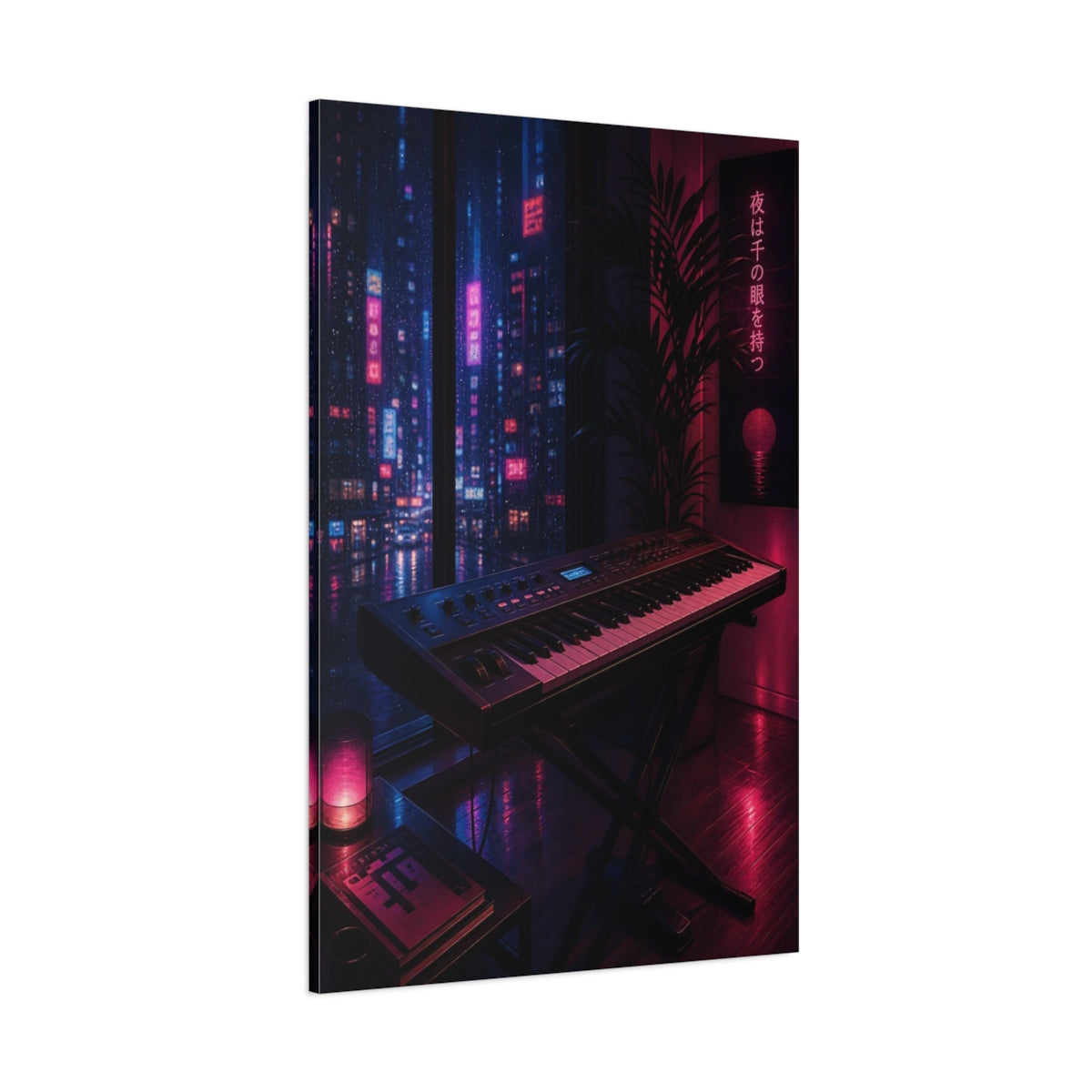 Side Mockup 1. Science Fiction Synthesizer Keyboard Neon City Night shown as canvas print