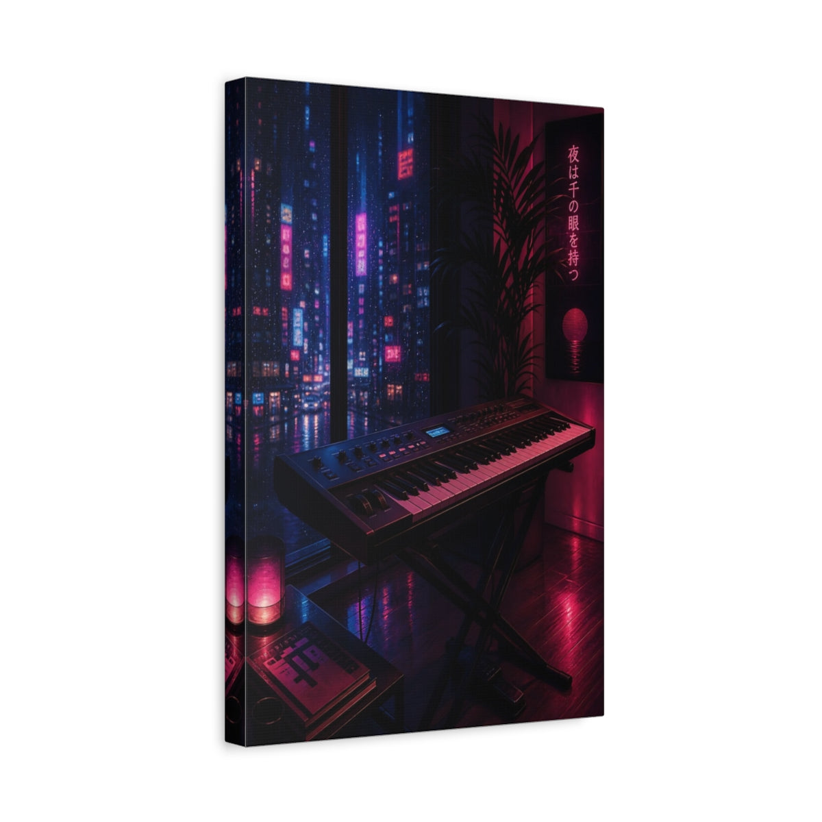 Side Mockup 4. Science Fiction Synthesizer Keyboard Neon City Night shown as canvas print