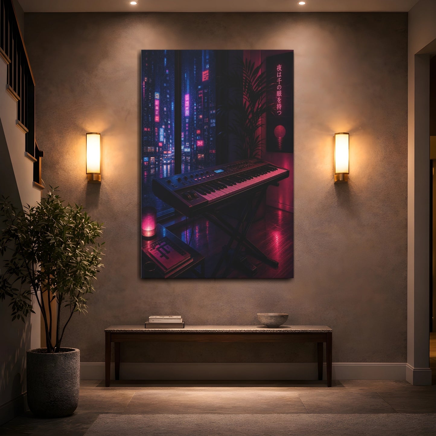 Mockup 2. Science Fiction Synthesizer Keyboard Neon City Night shown as canvas print