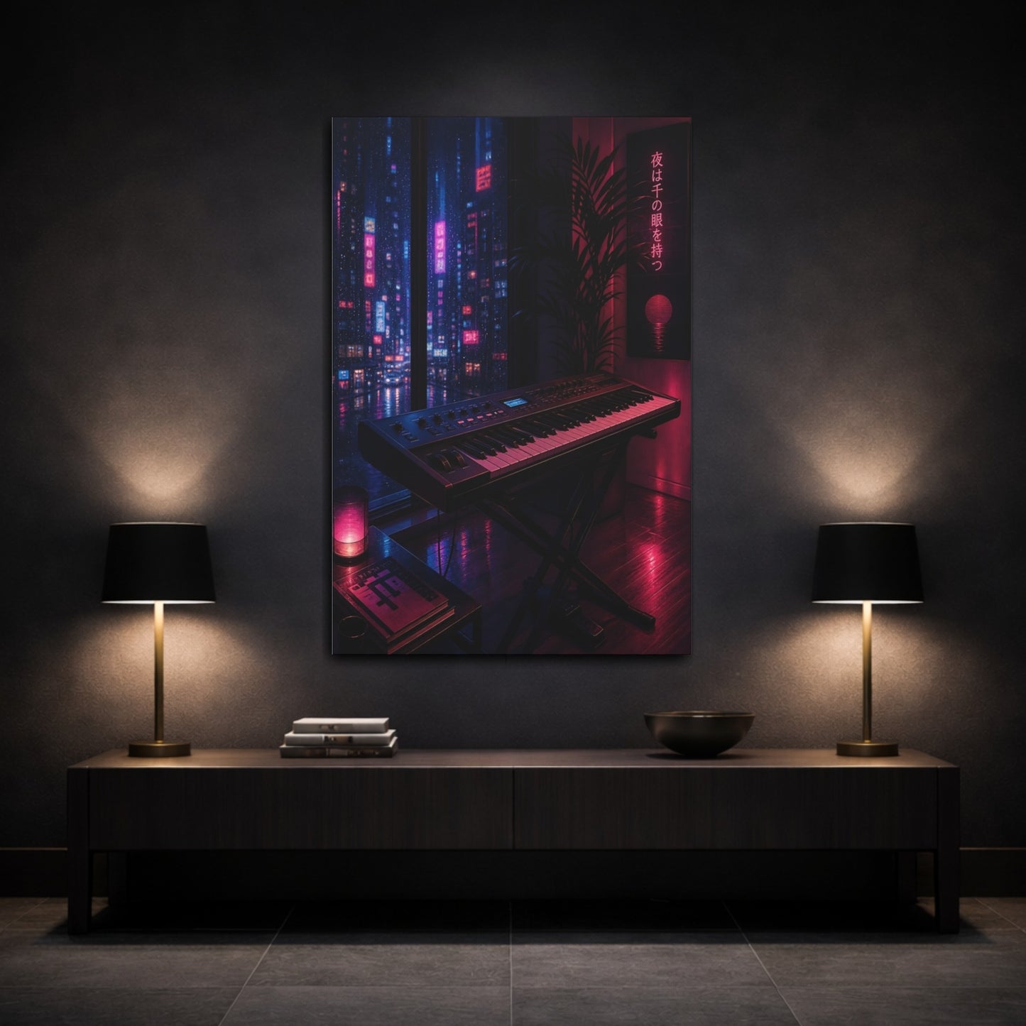 Mockup 3. Science Fiction Synthesizer Keyboard Neon City Night shown as canvas print