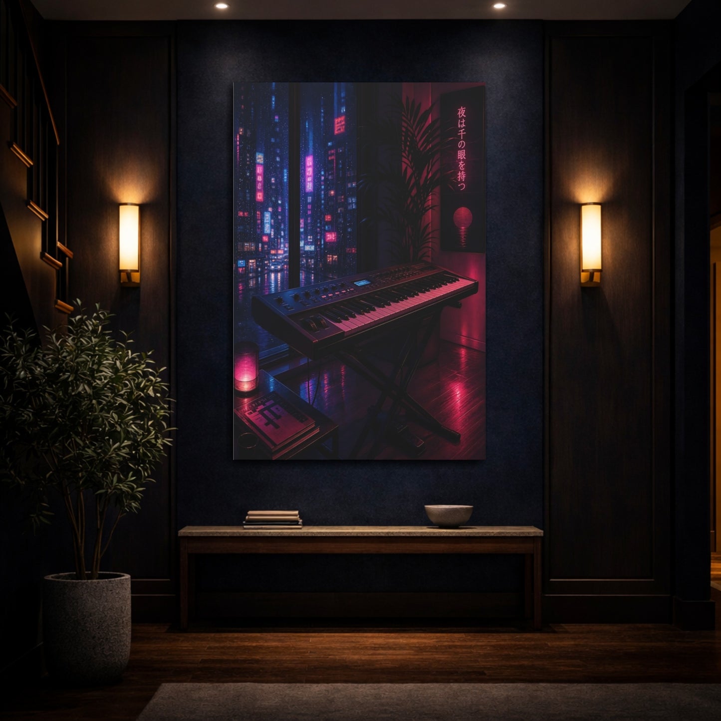 Mockup 4. Science Fiction Synthesizer Keyboard Neon City Night shown as canvas print