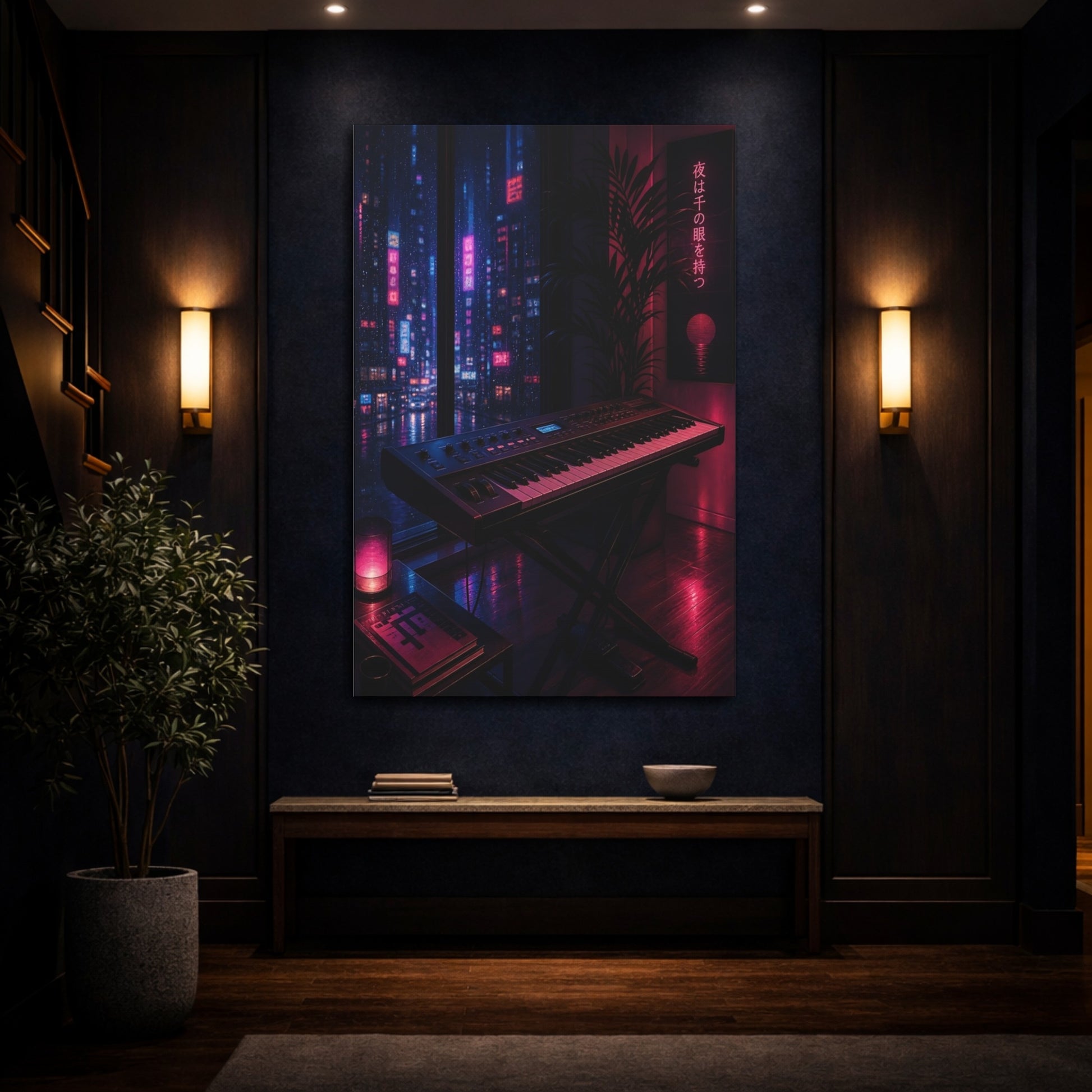 Mockup 4. Science Fiction Synthesizer Keyboard Neon City Night shown as canvas print