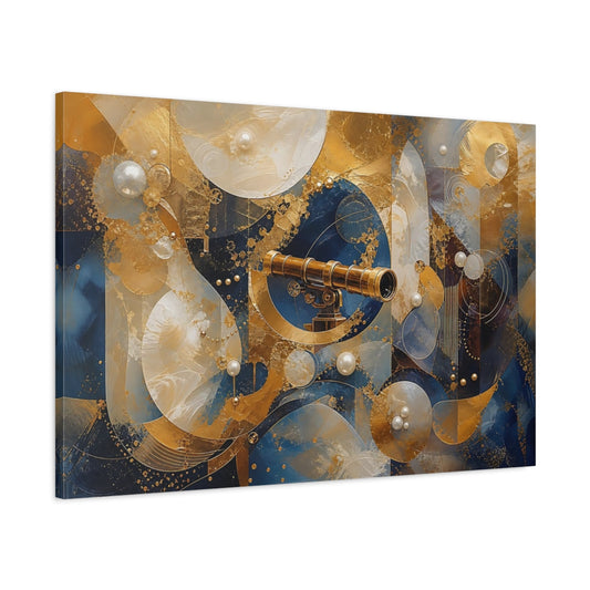 Main Mockup. Science Fiction Telescope Gold And Blue shown as stretched canvas wall art