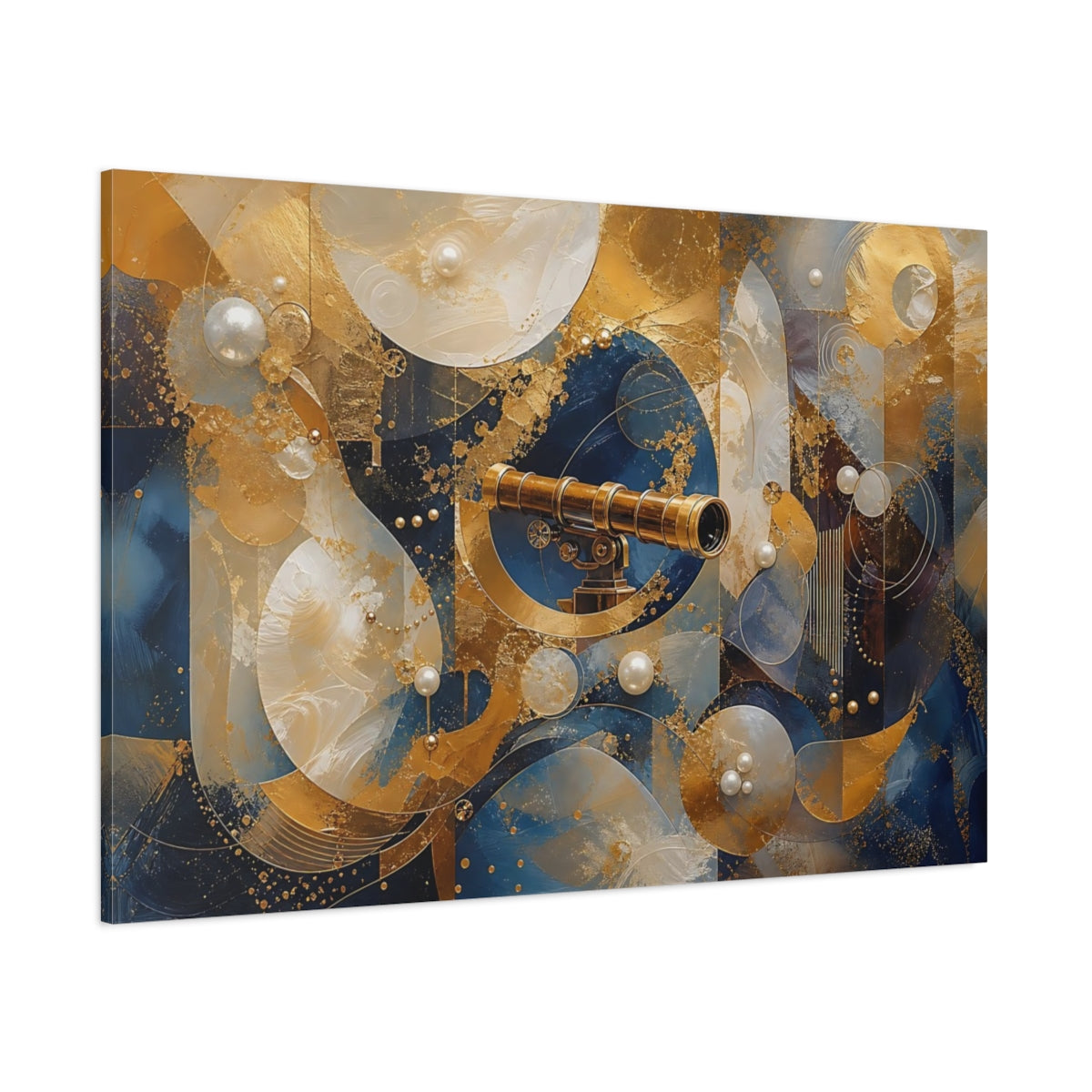 Side Mockup 1. Science Fiction Telescope Gold And Blue shown as stretched canvas wall art