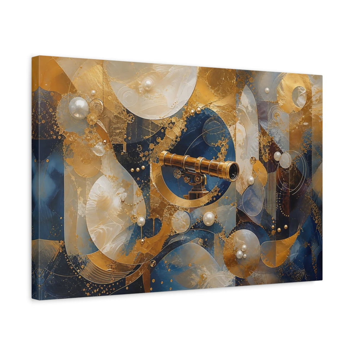 Side Mockup 3. Science Fiction Telescope Gold And Blue shown as stretched canvas wall art