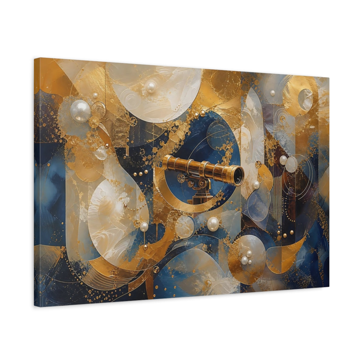 Side Mockup 2. Science Fiction Telescope Gold And Blue shown as stretched canvas wall art
