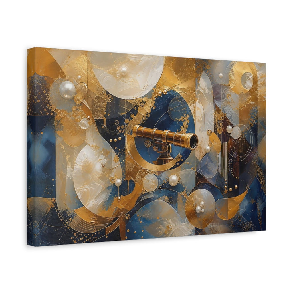 Side Mockup 4. Science Fiction Telescope Gold And Blue shown as stretched canvas wall art