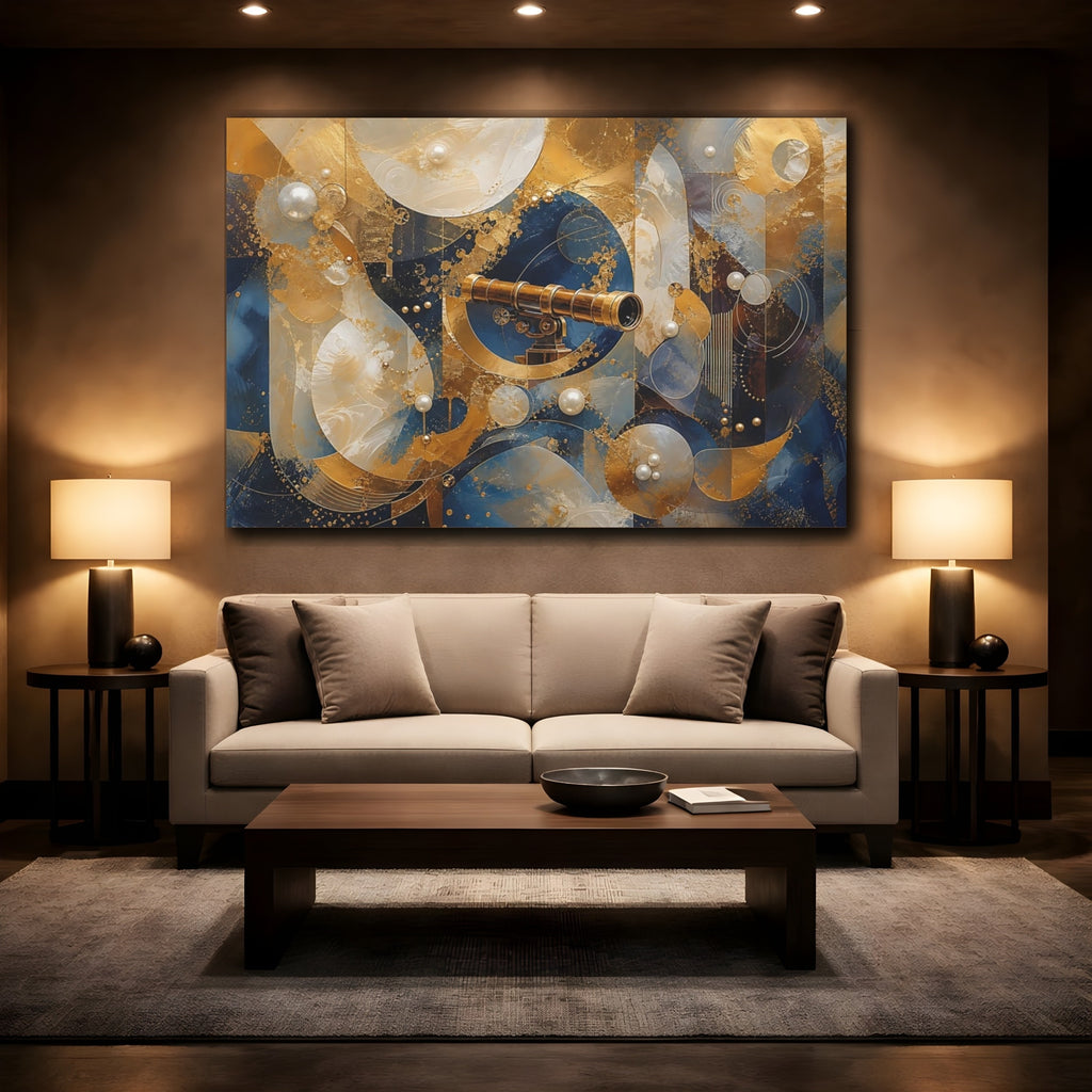 Mockup 2. Science Fiction Telescope Gold And Blue shown as stretched canvas wall art