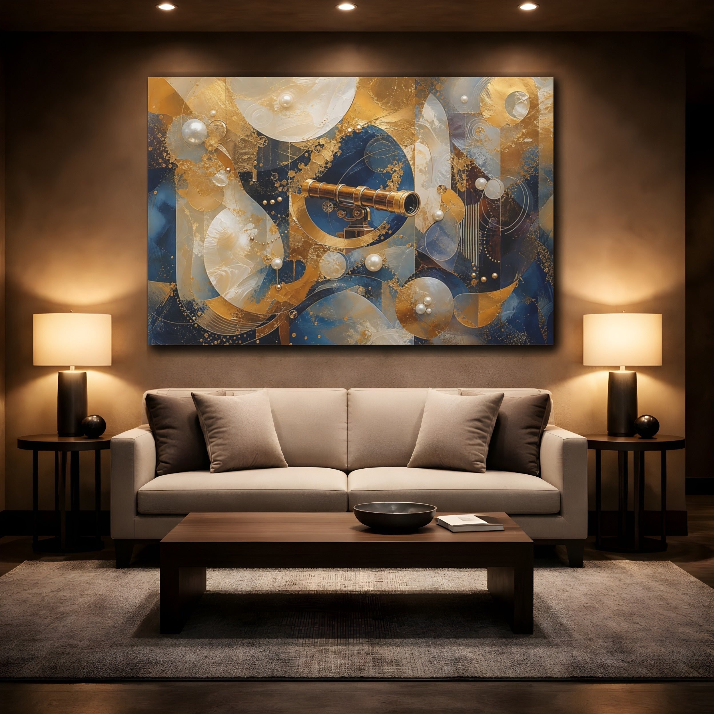 Mockup 2. Science Fiction Telescope Gold And Blue shown as stretched canvas wall art