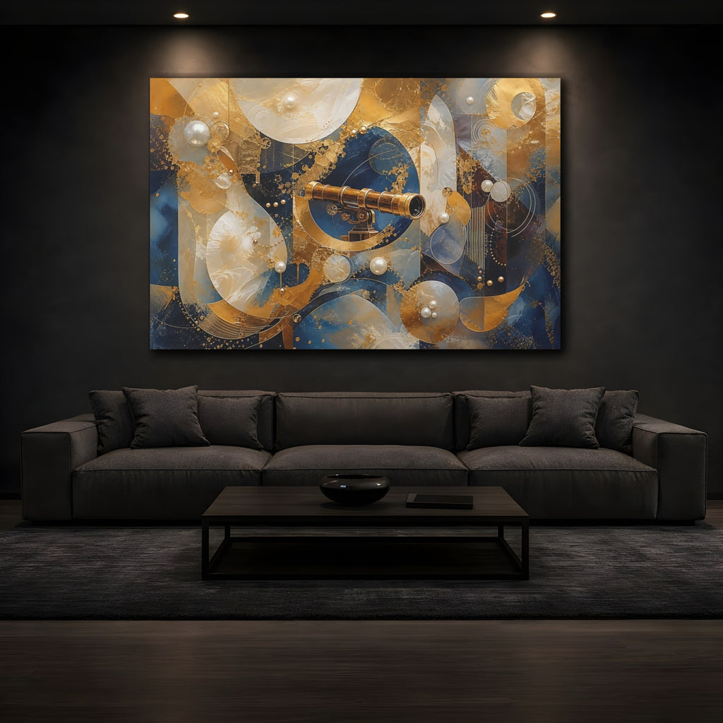 Mockup 3. Science Fiction Telescope Gold And Blue shown as stretched canvas wall art