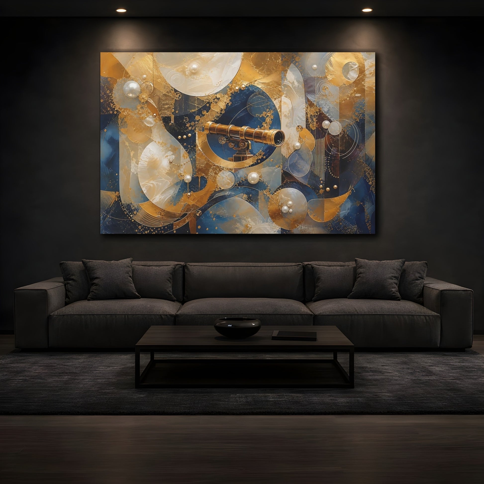 Mockup 3. Science Fiction Telescope Gold And Blue shown as stretched canvas wall art
