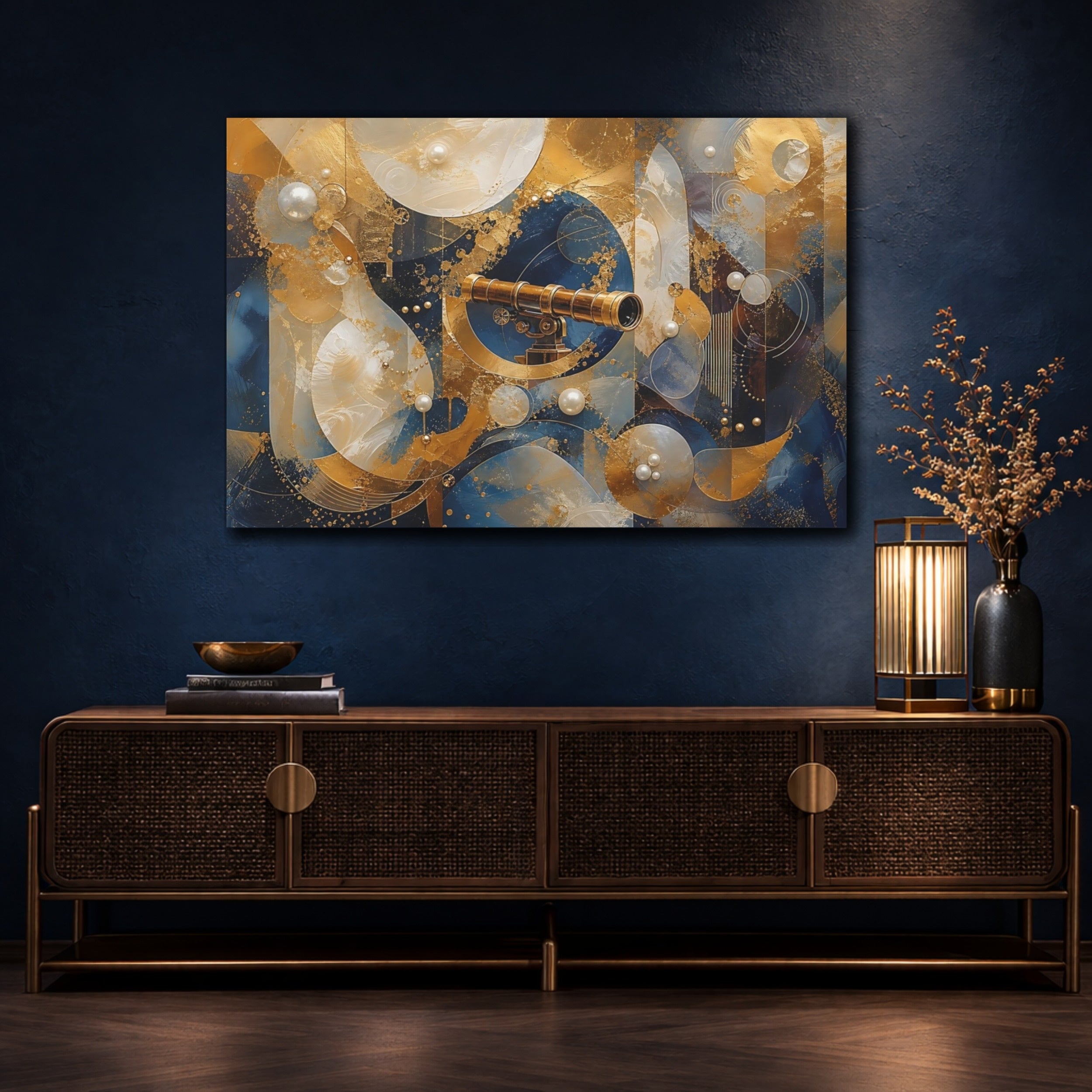 Mockup 4. Science Fiction Telescope Gold And Blue shown as stretched canvas wall art