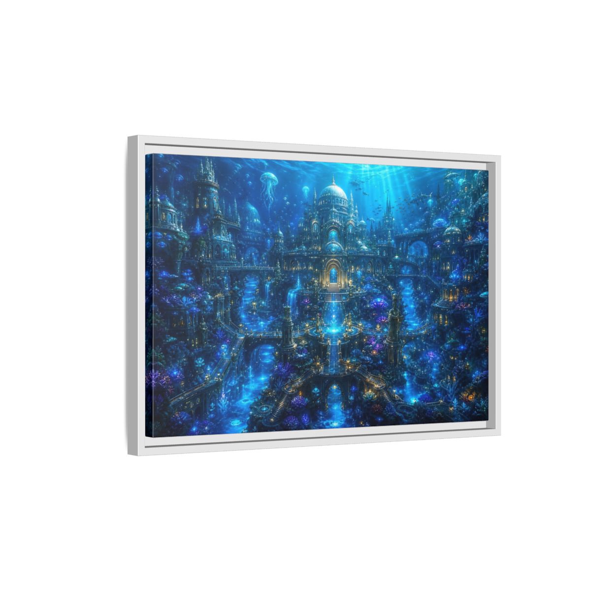 Side Mockup 1. Science Fiction Underwater City Blue Underwater City shown as stretched canvas wall art