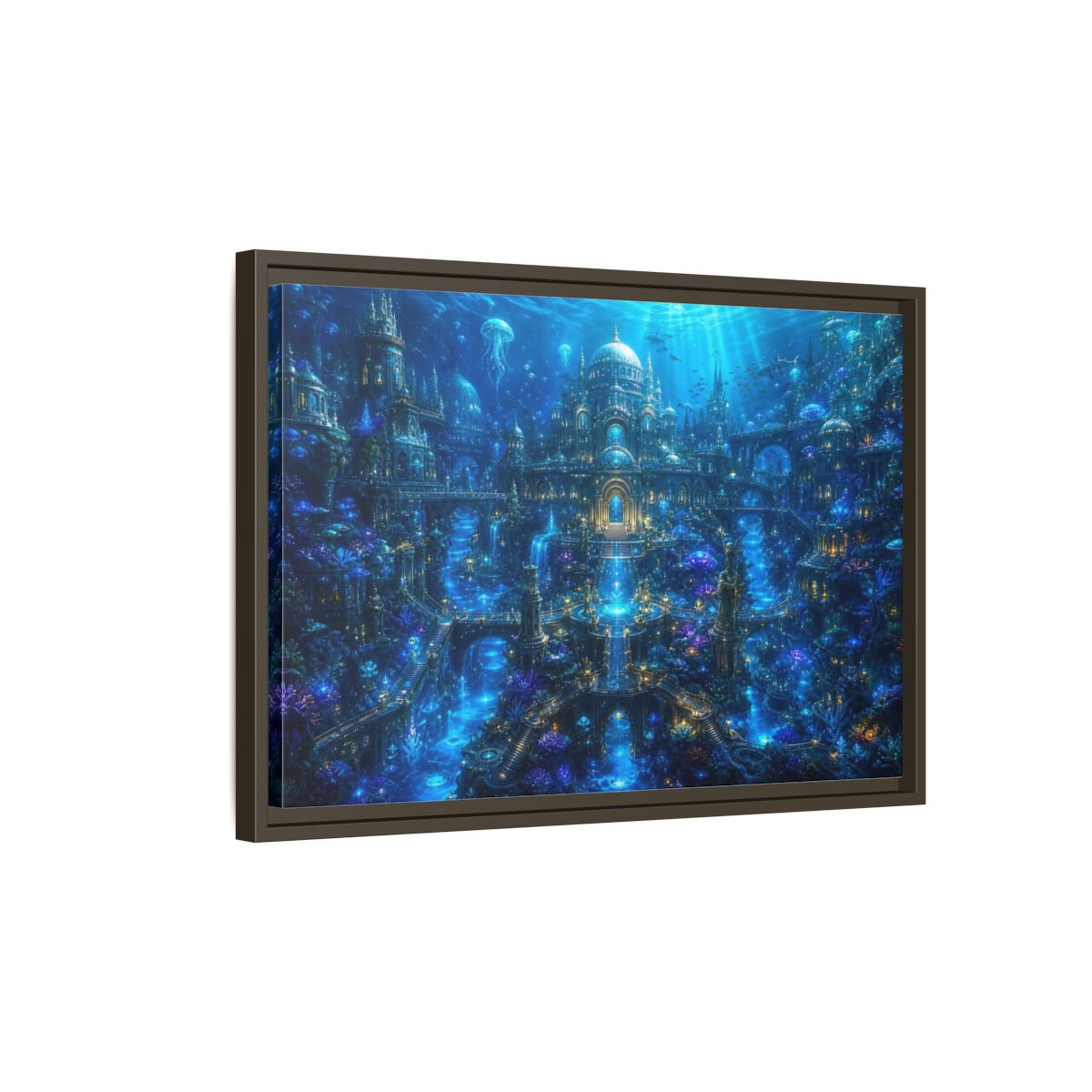 Side Mockup 2. Science Fiction Underwater City Blue Underwater City shown as stretched canvas wall art