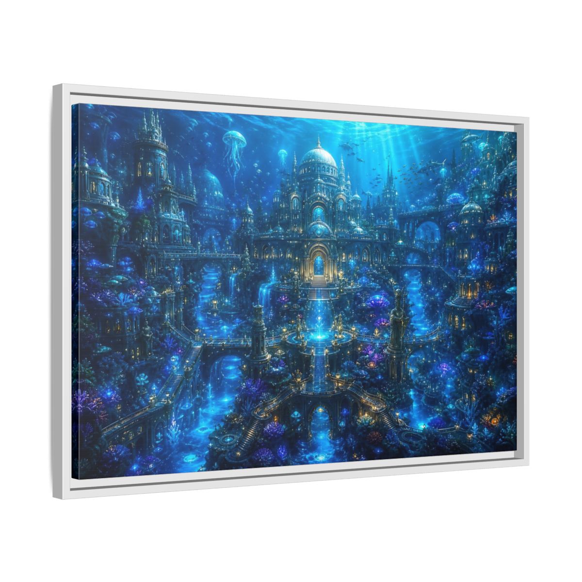 Side Mockup 10. Science Fiction Underwater City Blue Underwater City shown as stretched canvas wall art