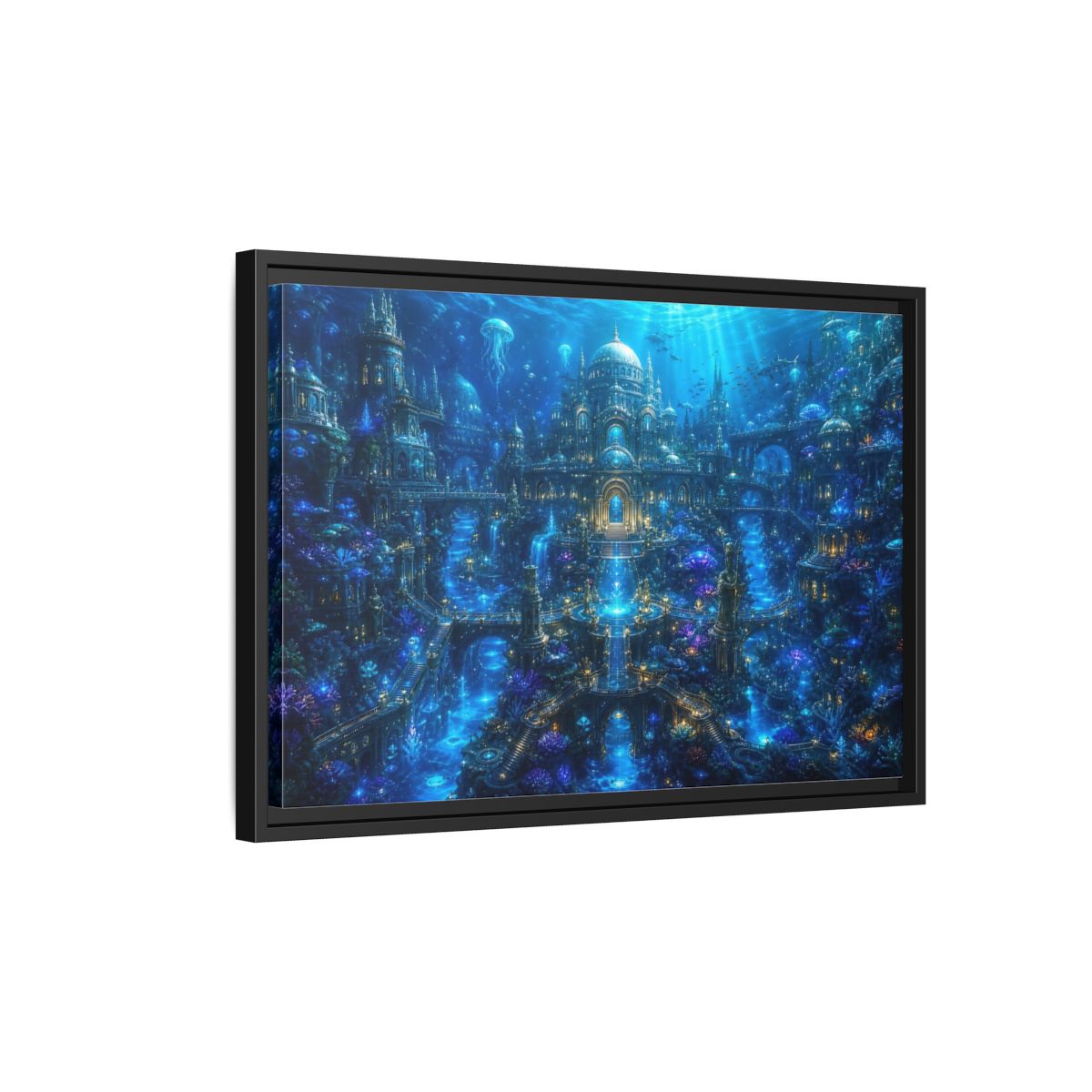Side Mockup 3. Science Fiction Underwater City Blue Underwater City shown as stretched canvas wall art