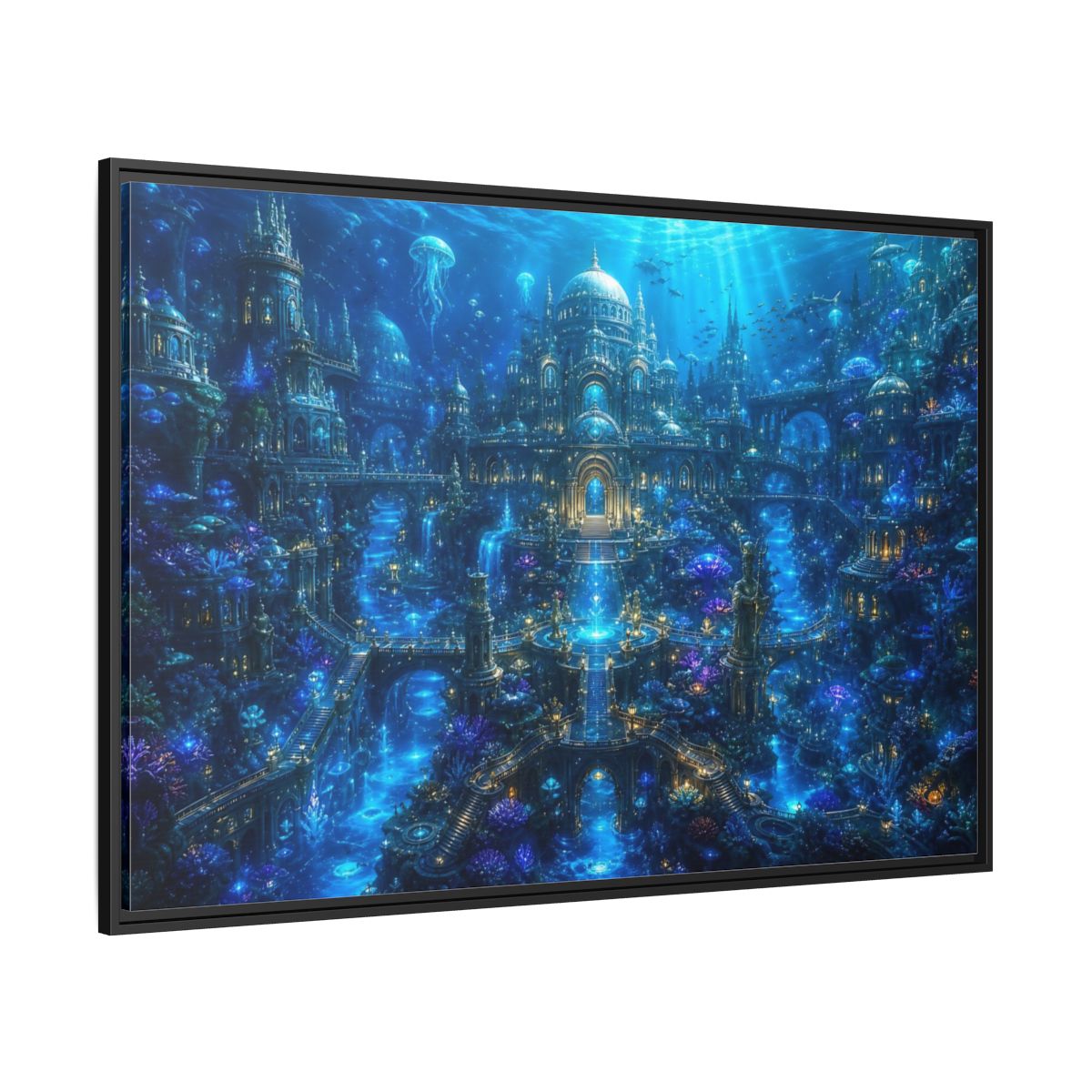 Side Mockup 12. Science Fiction Underwater City Blue Underwater City shown as stretched canvas wall art