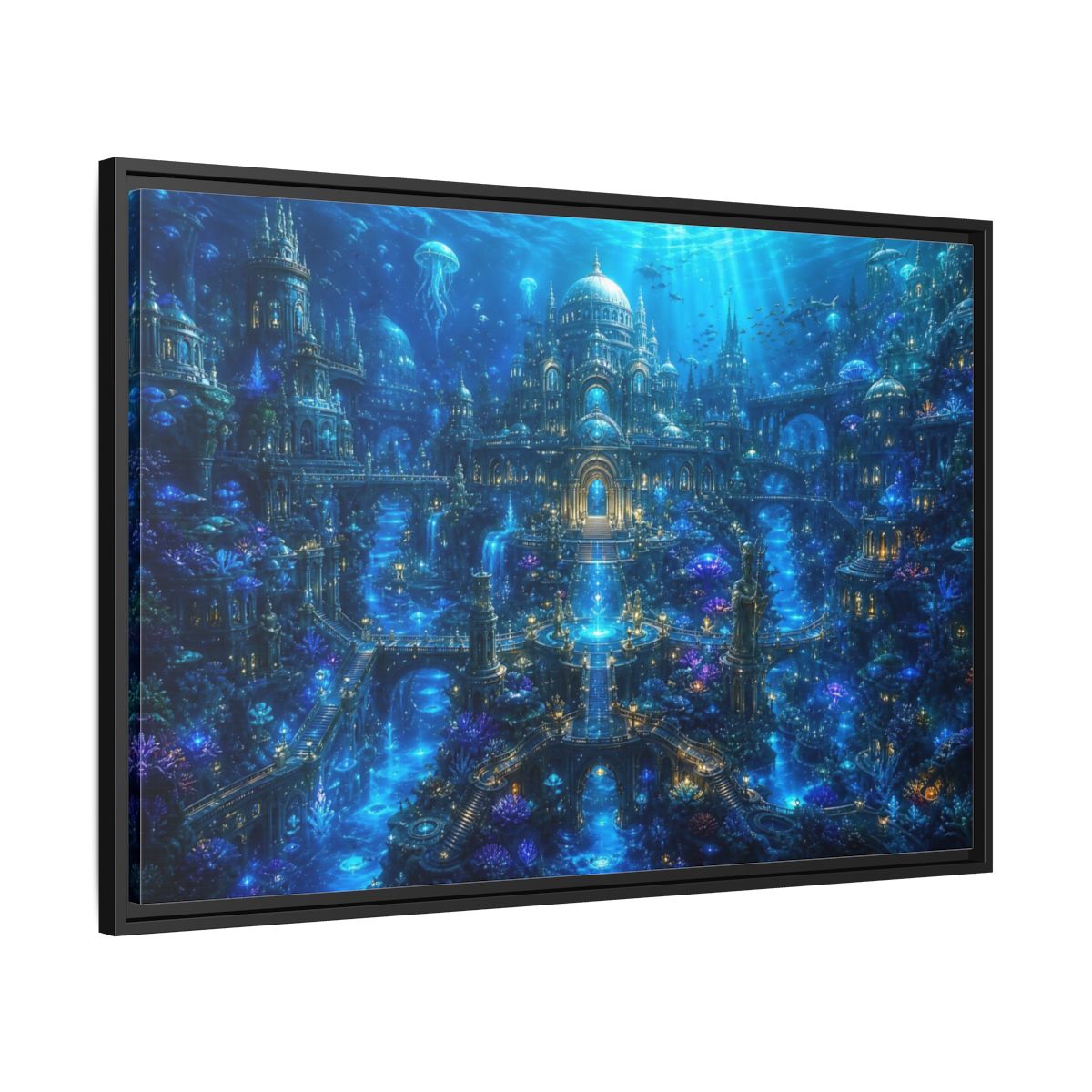 Side Mockup 13. Science Fiction Underwater City Blue Underwater City shown as stretched canvas wall art
