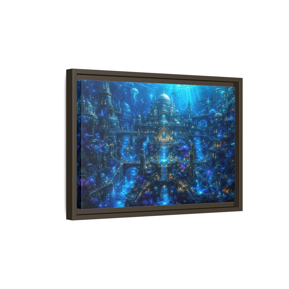 Side Mockup 5. Science Fiction Underwater City Blue Underwater City shown as stretched canvas wall art
